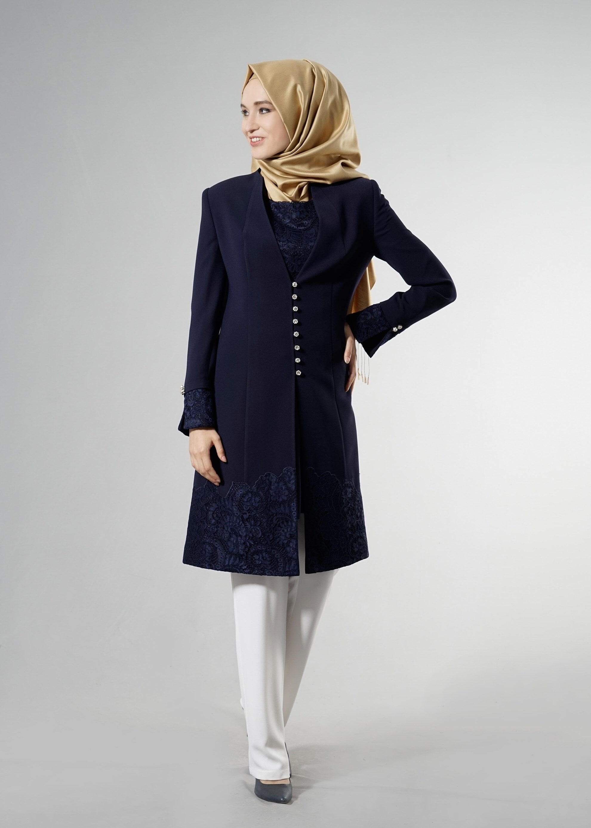 Tesettür giyim LACİVERT 3271P Maral 3&prime;lü  Pant. Tesettür Takım 40/48 TEK42