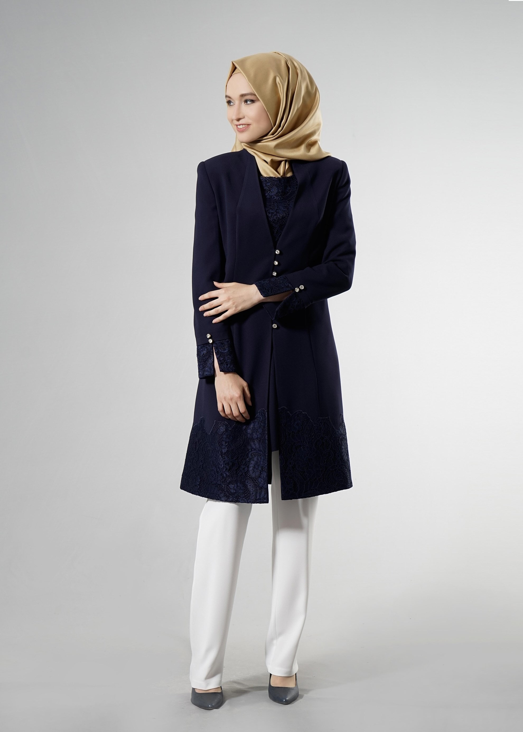 Tesettür giyim LACİVERT 3271P Maral 3&prime;lü  Pant. Tesettür Takım 40/48 TEK42