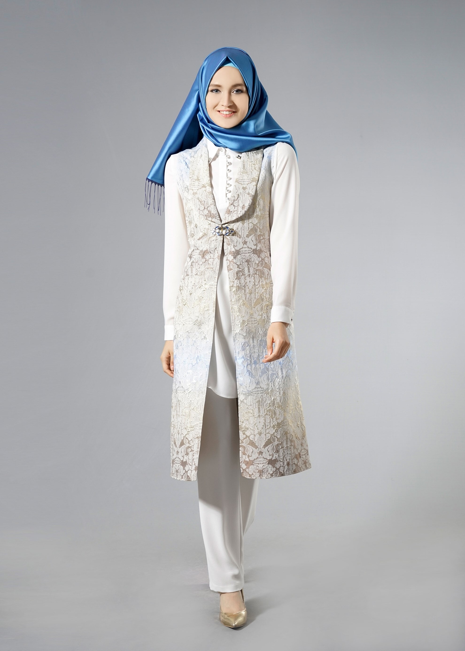 Tesettür giyim MAVİ 3295P Jakar Tesettür1602 3&prime;lü Pant.Takım 40/46