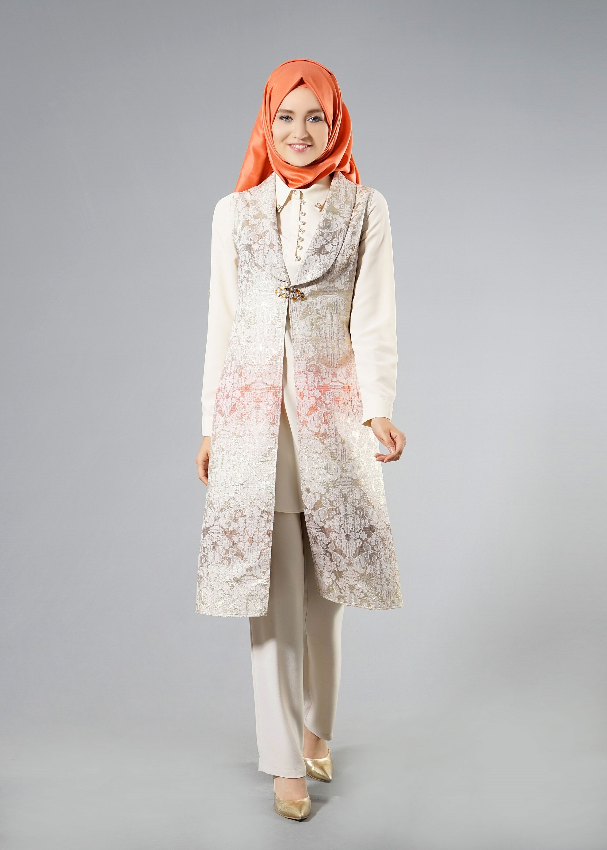 Tesettür giyim TURUNCU 3295P Jakar Tesettür1602 3&prime;lü Pant.Takım 40/46