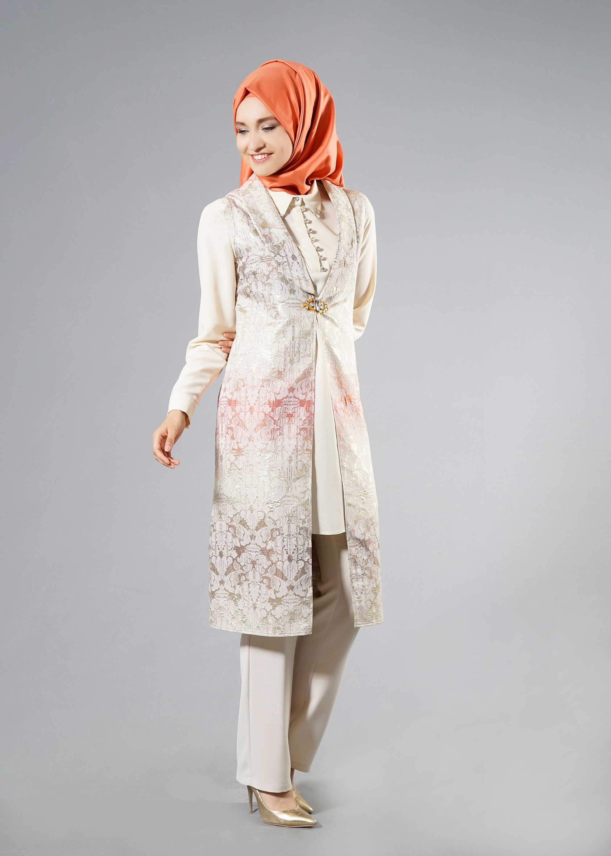 Tesettür giyim TURUNCU 3295P Jakar Tesettür1602 3&prime;lü Pant.Takım 40/46