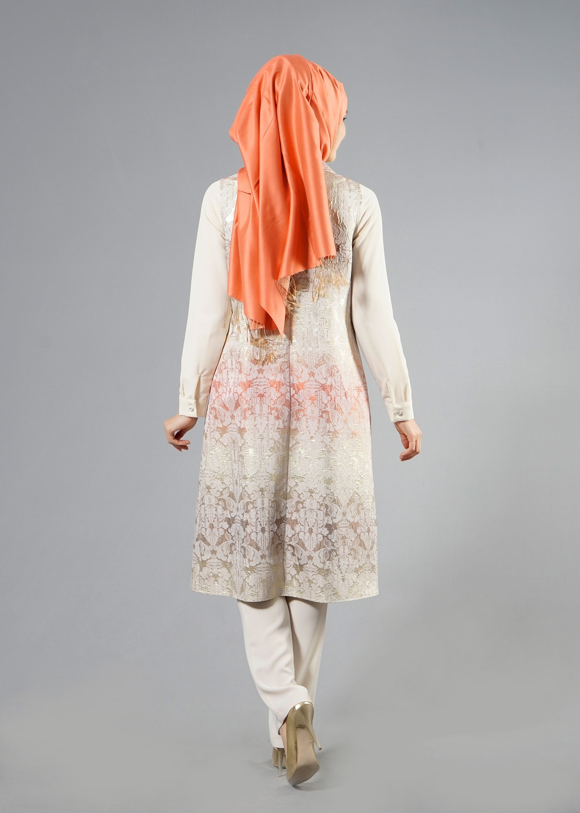 Tesettür giyim TURUNCU 3295P Jakar Tesettür1602 3&prime;lü Pant.Takım 40/46