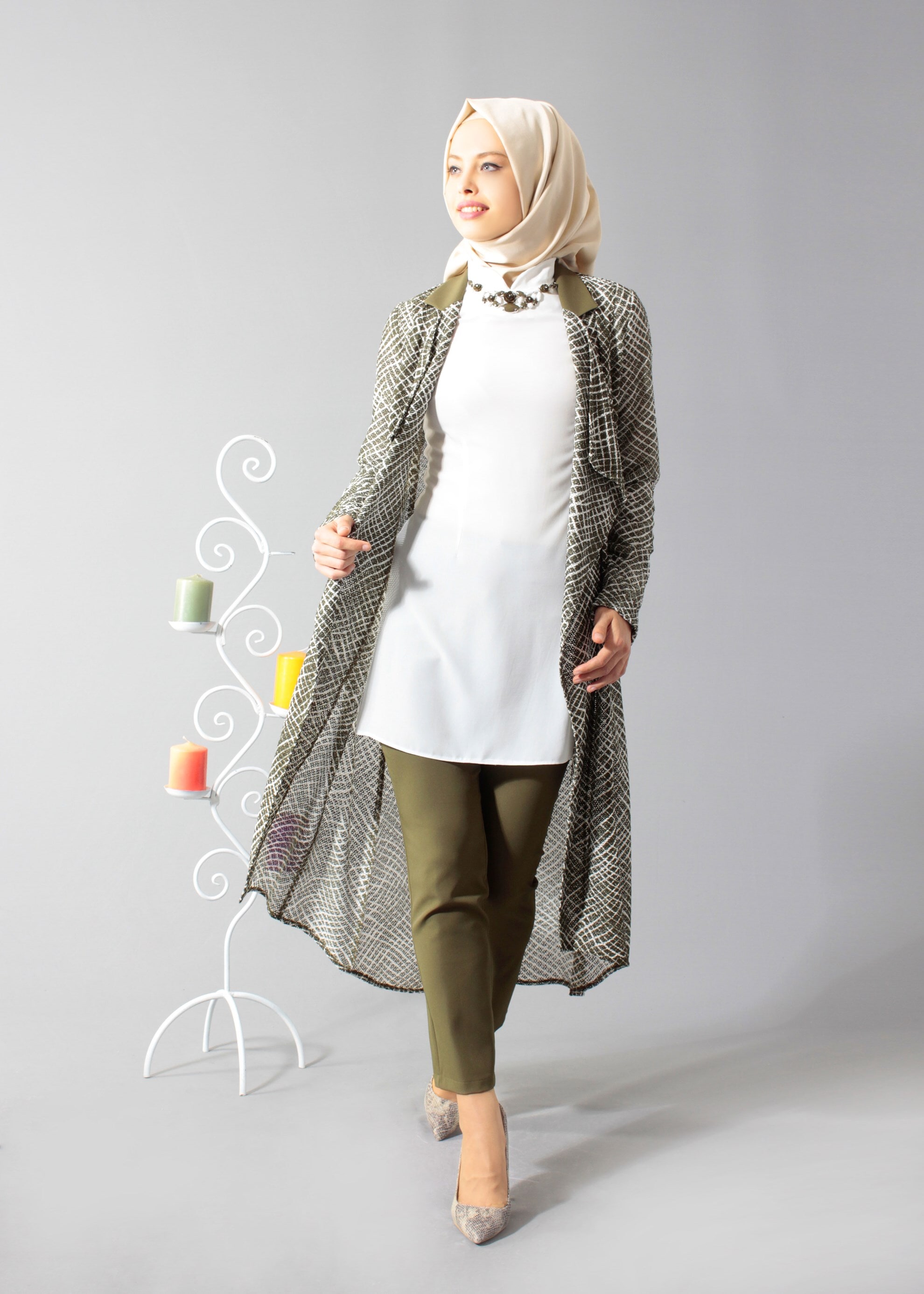 Tesettür giyim HAKİ 3252-2 Rolls Tesettür 3&prime;lü Pant.Takım 38/46 TEK38