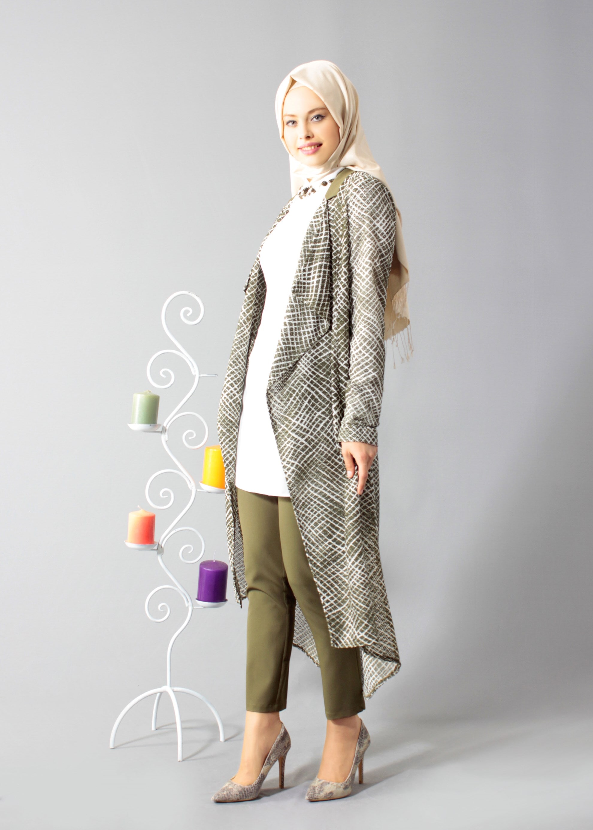 Tesettür giyim HAKİ 3252-2 Rolls Tesettür 3&prime;lü Pant.Takım 38/46 TEK38