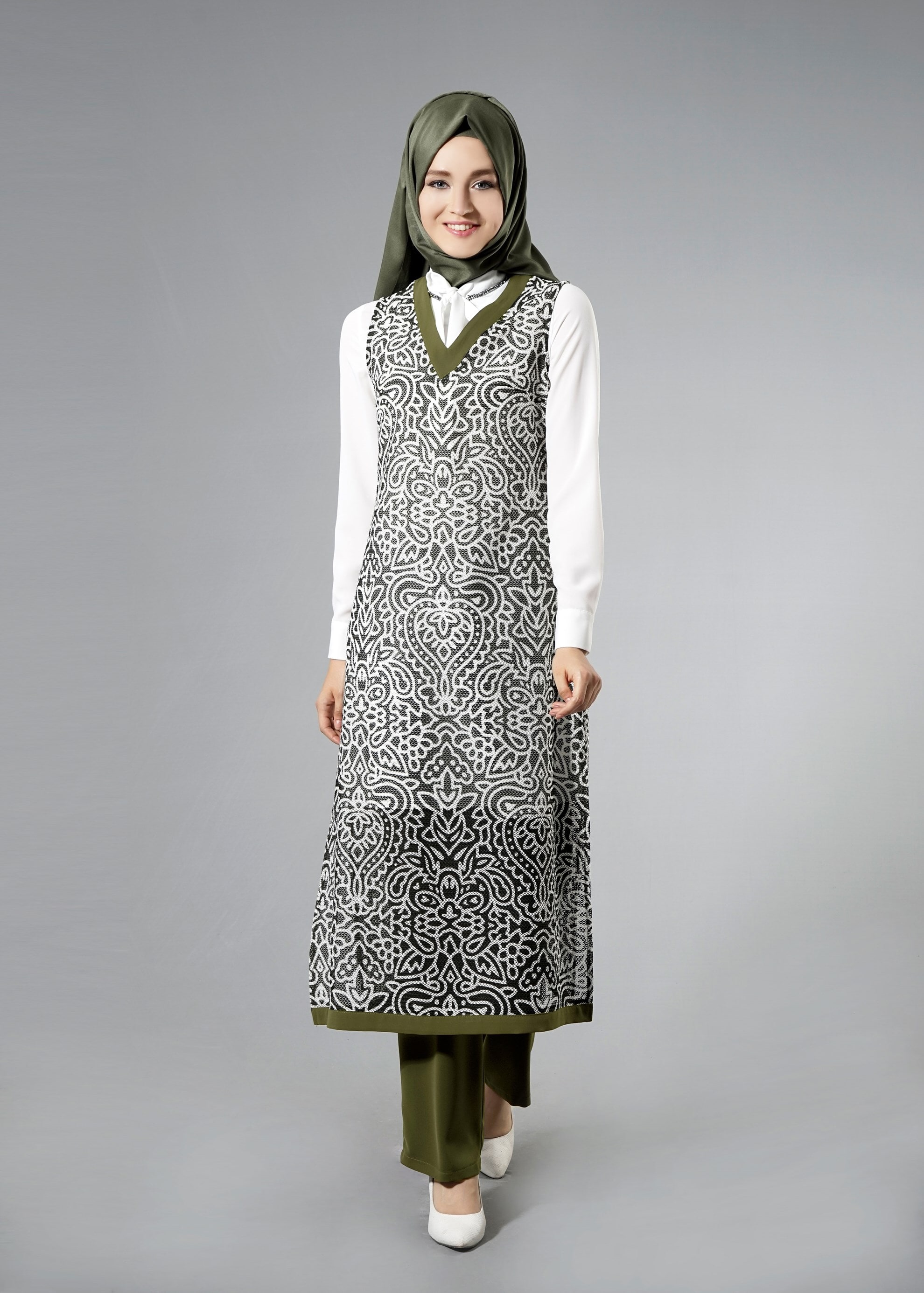 Tesettür giyim HAKİ 3255-4 Padinus Tesettür 3&prime;lü Pnt.Tkm.38/46