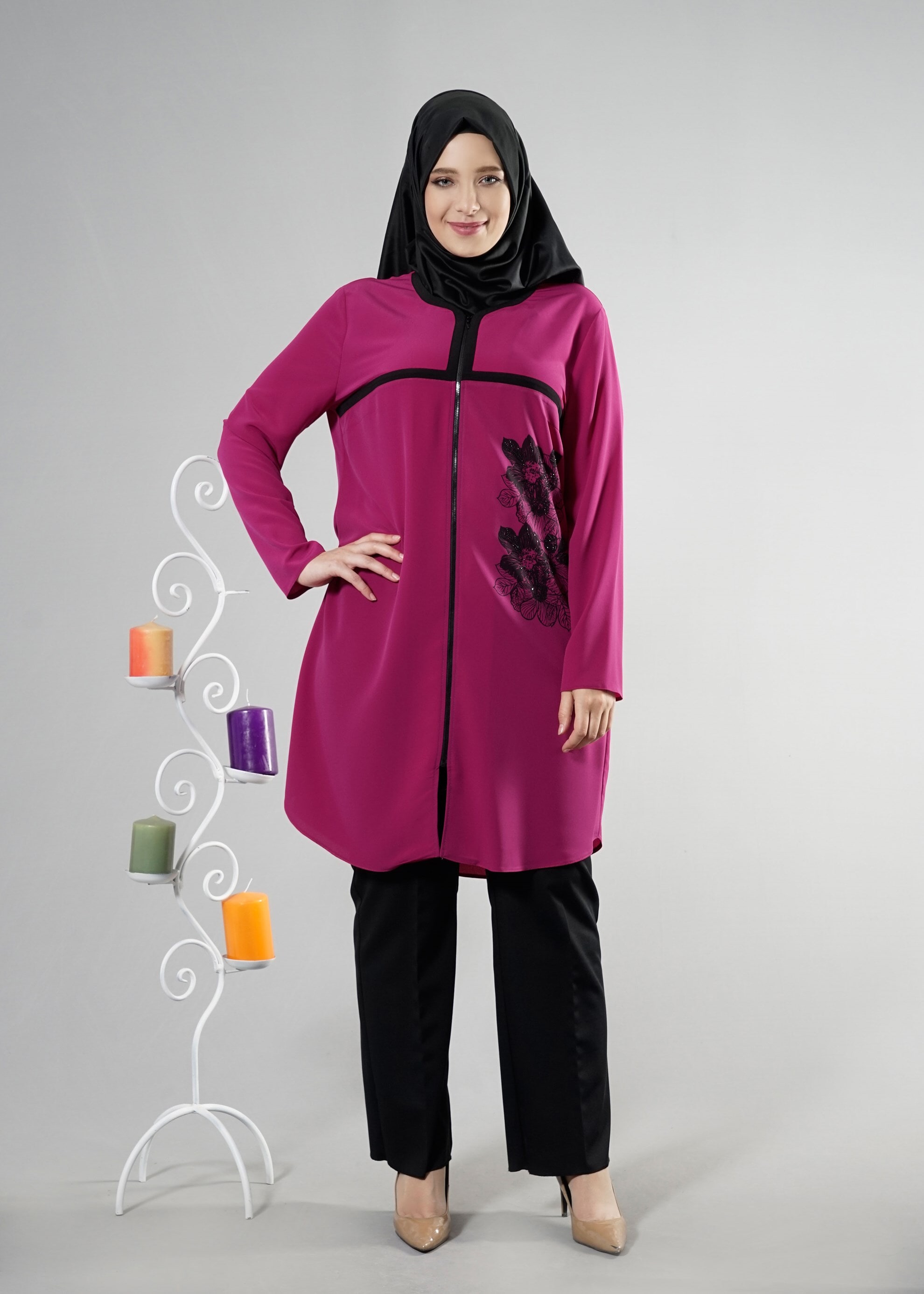 Tesettür giyim MOR NAKIŞ İŞLEMELİ TUNİK 2562