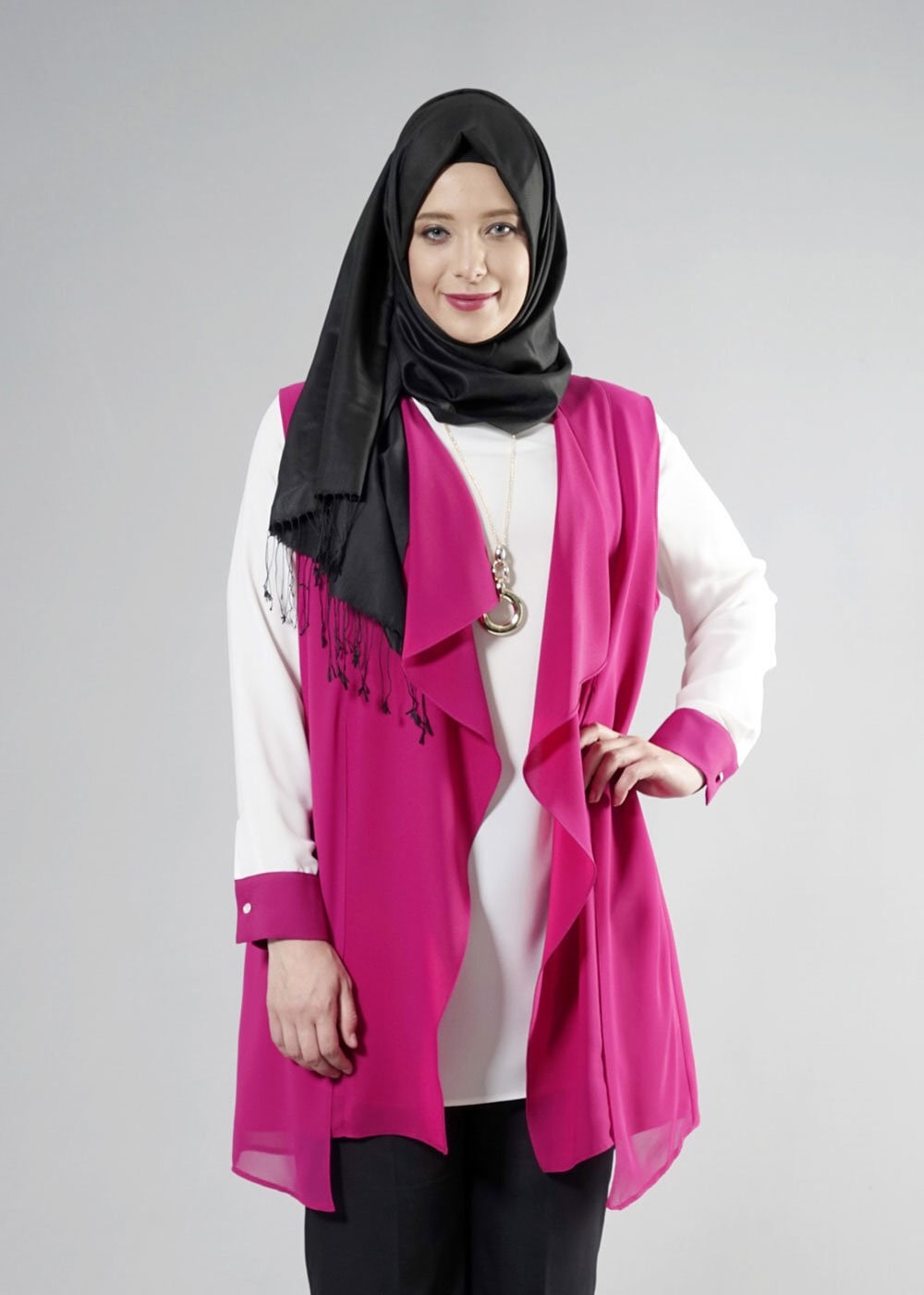 Tesettür giyim FUŞYA 2564 Nil Crep 2&prime;Lİ Tunik 44/50 TEK42