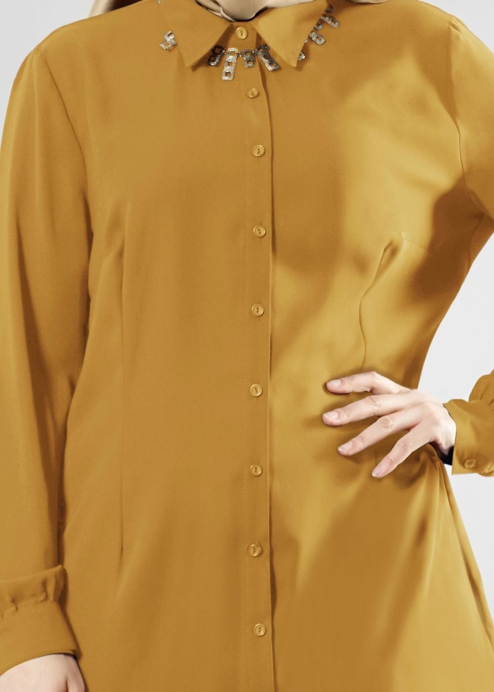 Tesettür giyim SARI GÖMLEK YAKA TUNİK 2604