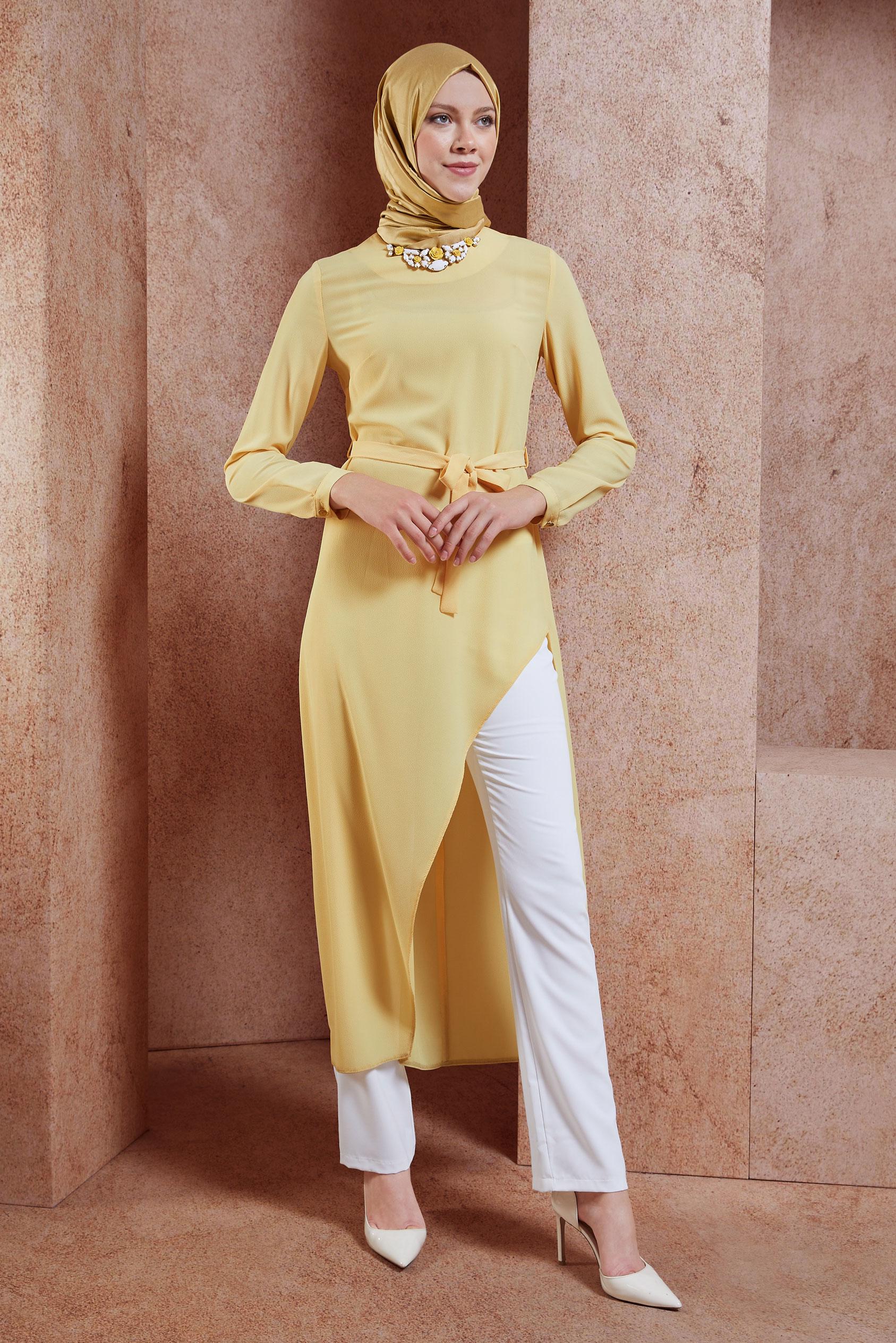 Tesettür giyim SARI ASİMETRİK KESİM TUNİK 4236 