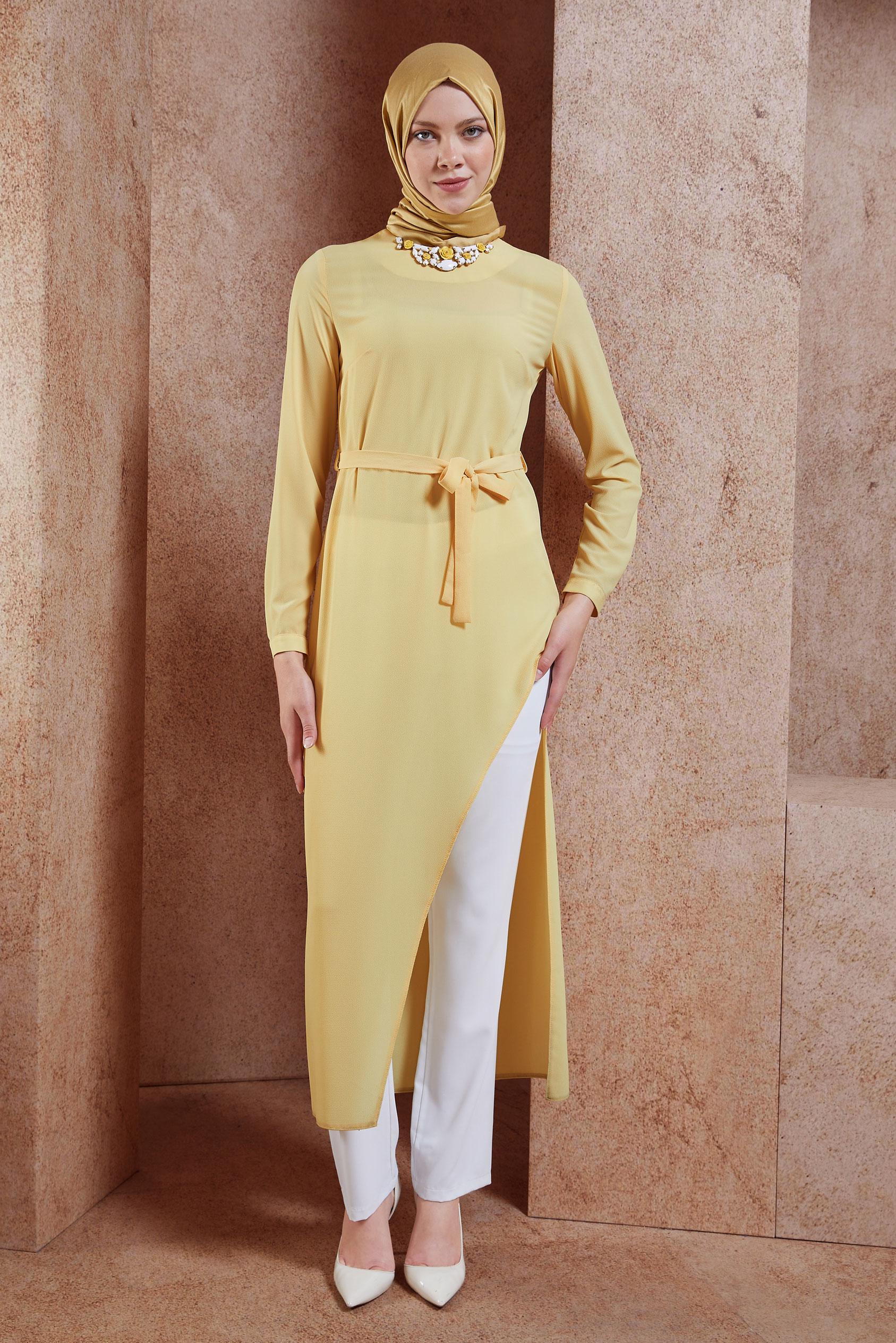 Tesettür giyim SARI ASİMETRİK KESİM TUNİK 4236 