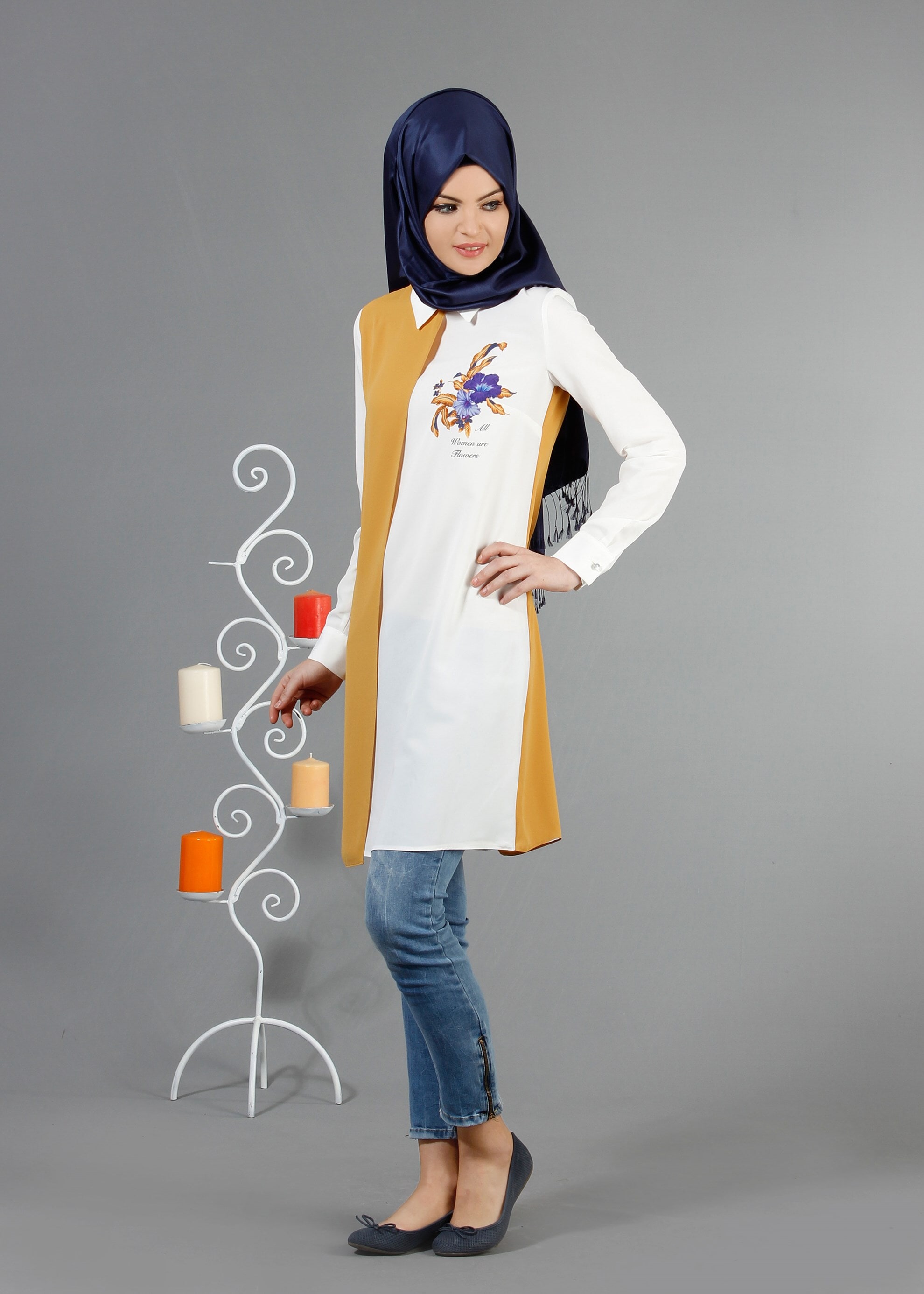 Tesettür giyim SARI İKİ RENKLİ BASKILI ŞİFON TUNİK 4245