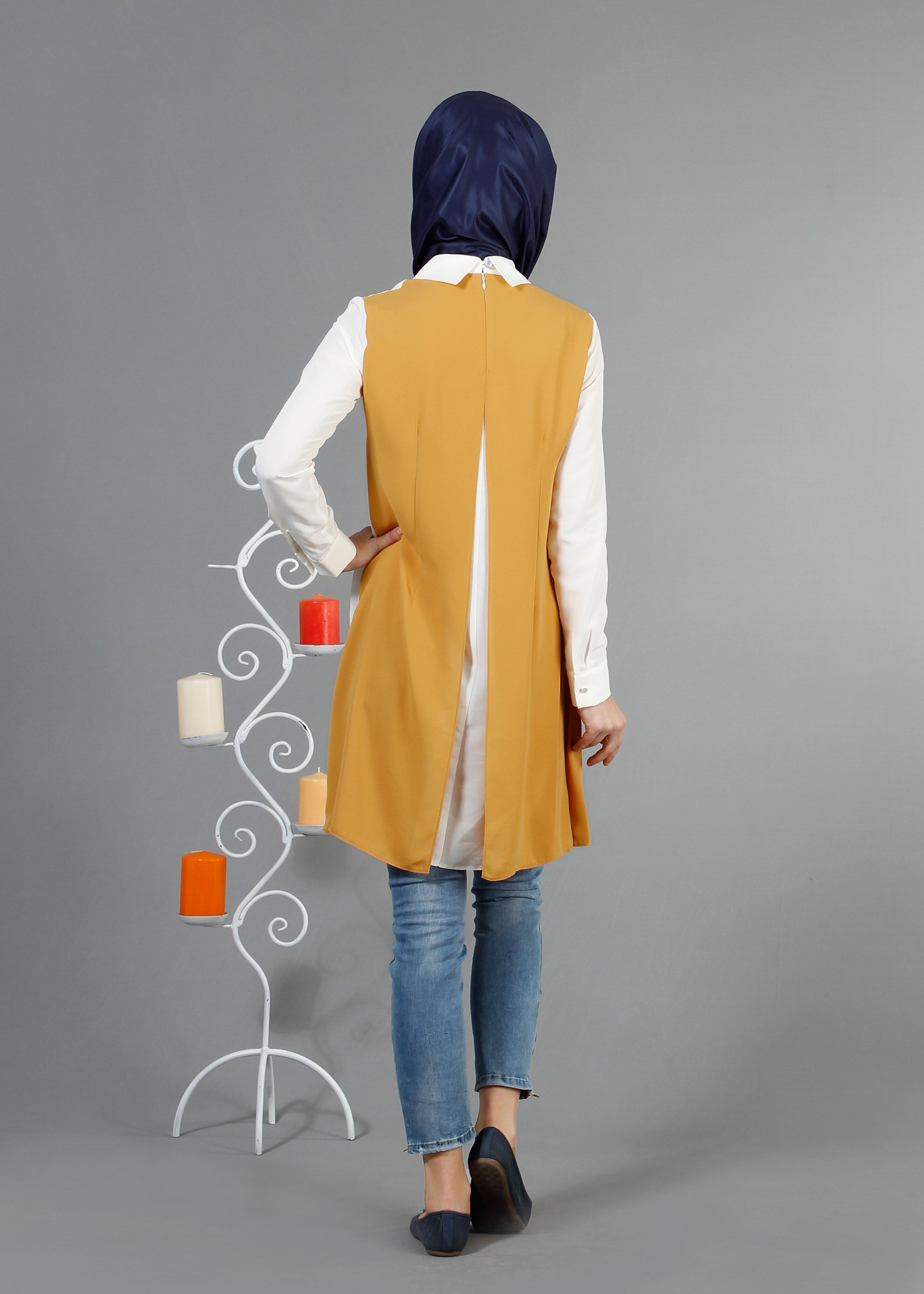 Tesettür giyim SARI İKİ RENKLİ BASKILI ŞİFON TUNİK 4245