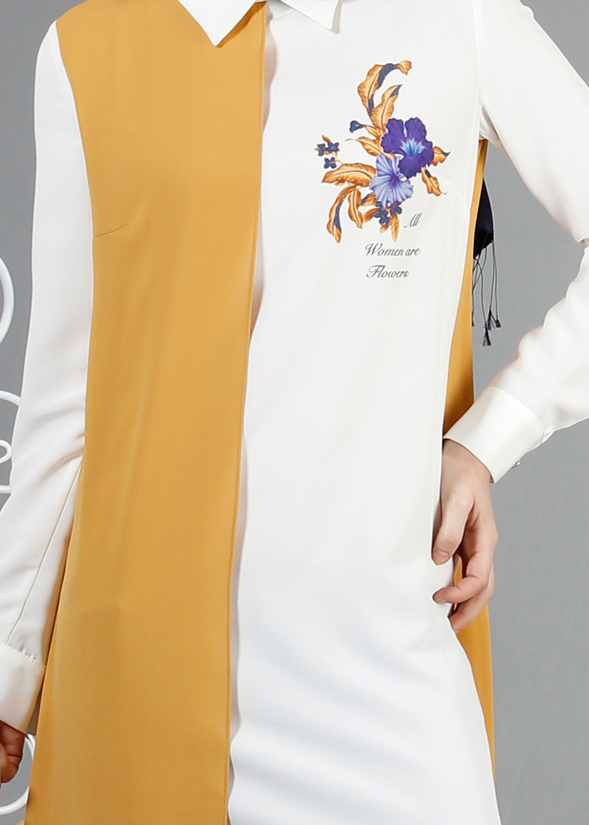 Tesettür giyim SARI İKİ RENKLİ BASKILI ŞİFON TUNİK 4245