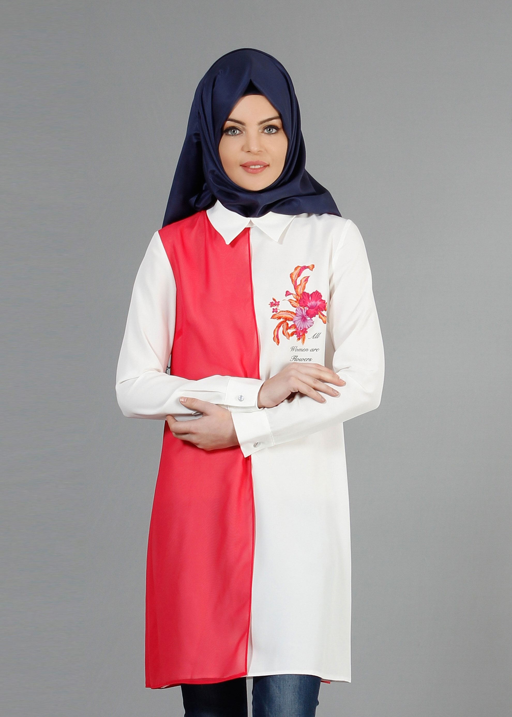 Tesettür giyim FUŞYA İKİ RENKLİ BASKILI ŞİFON TUNİK 4245