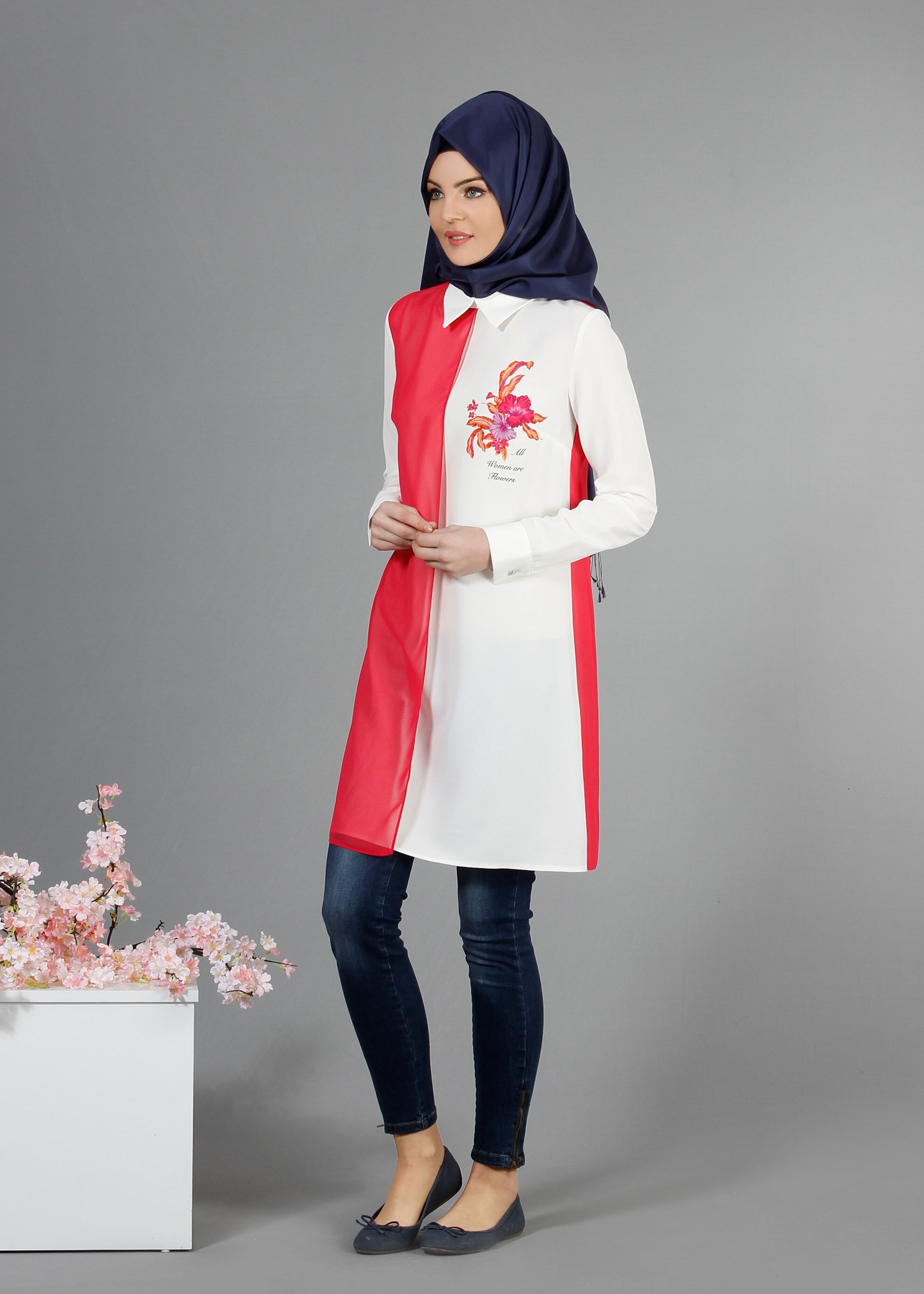 Tesettür giyim FUŞYA İKİ RENKLİ BASKILI ŞİFON TUNİK 4245