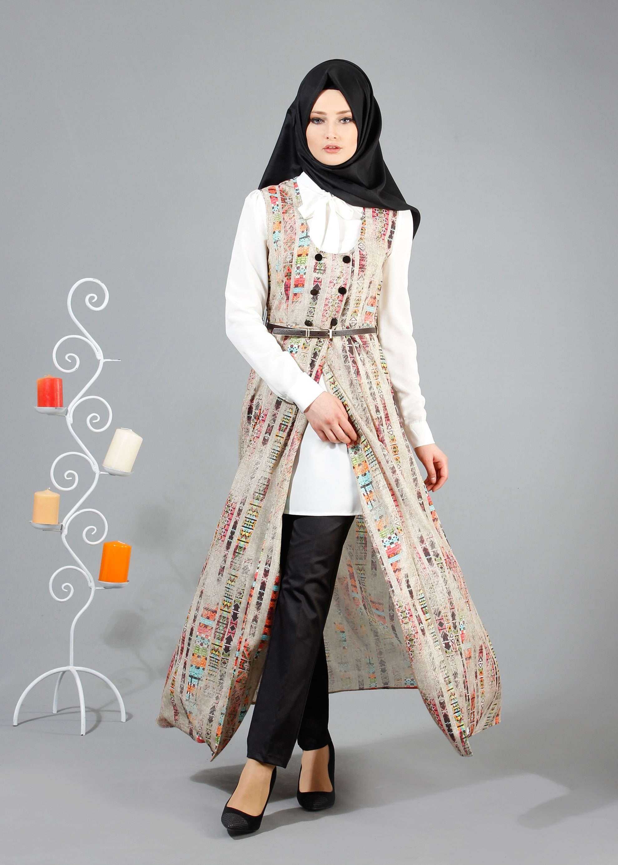 Tesettür giyim BEJ DESENLİ İKİLİ TUNİK 4331 