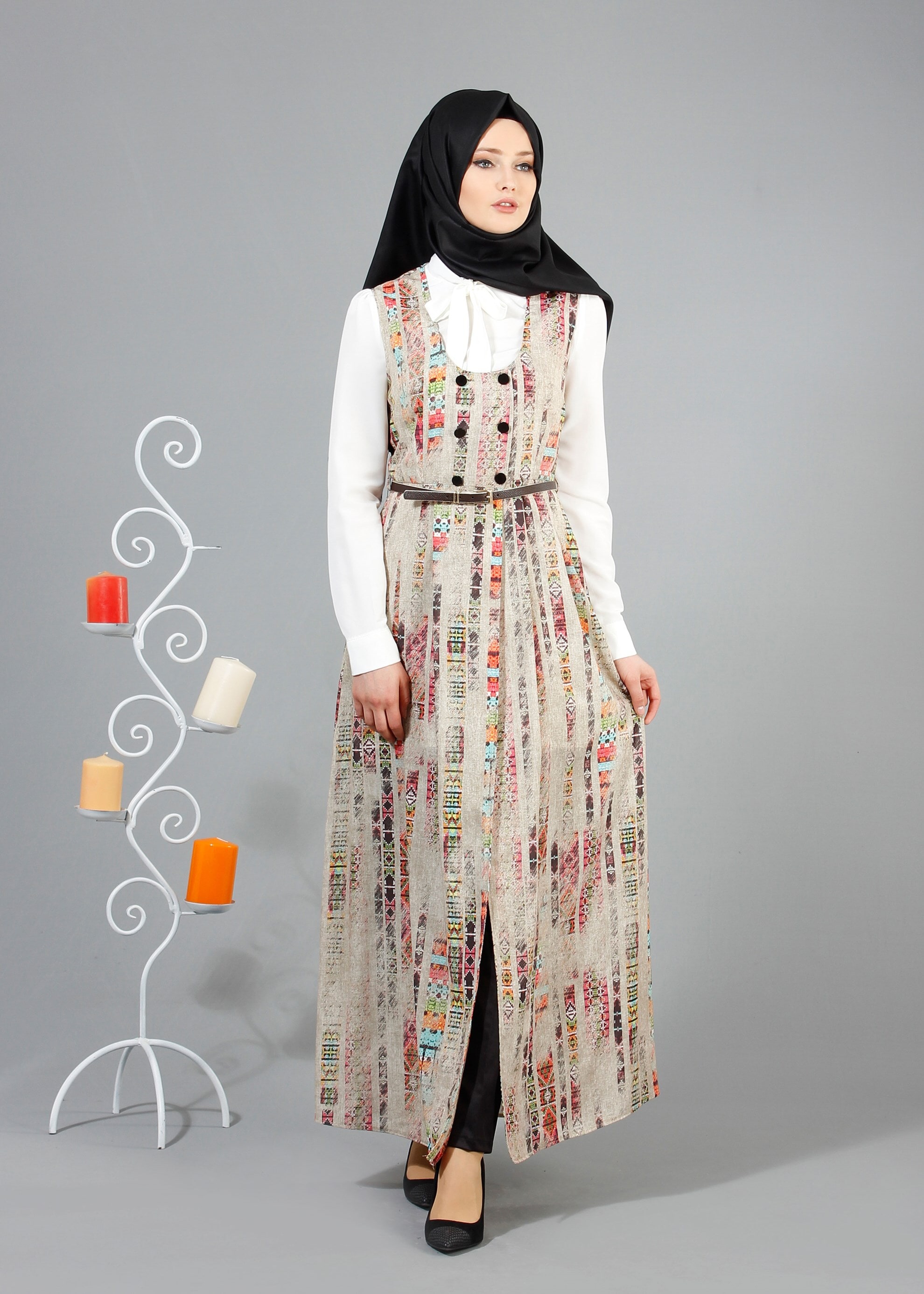 Tesettür giyim BEJ DESENLİ İKİLİ TUNİK 4331 