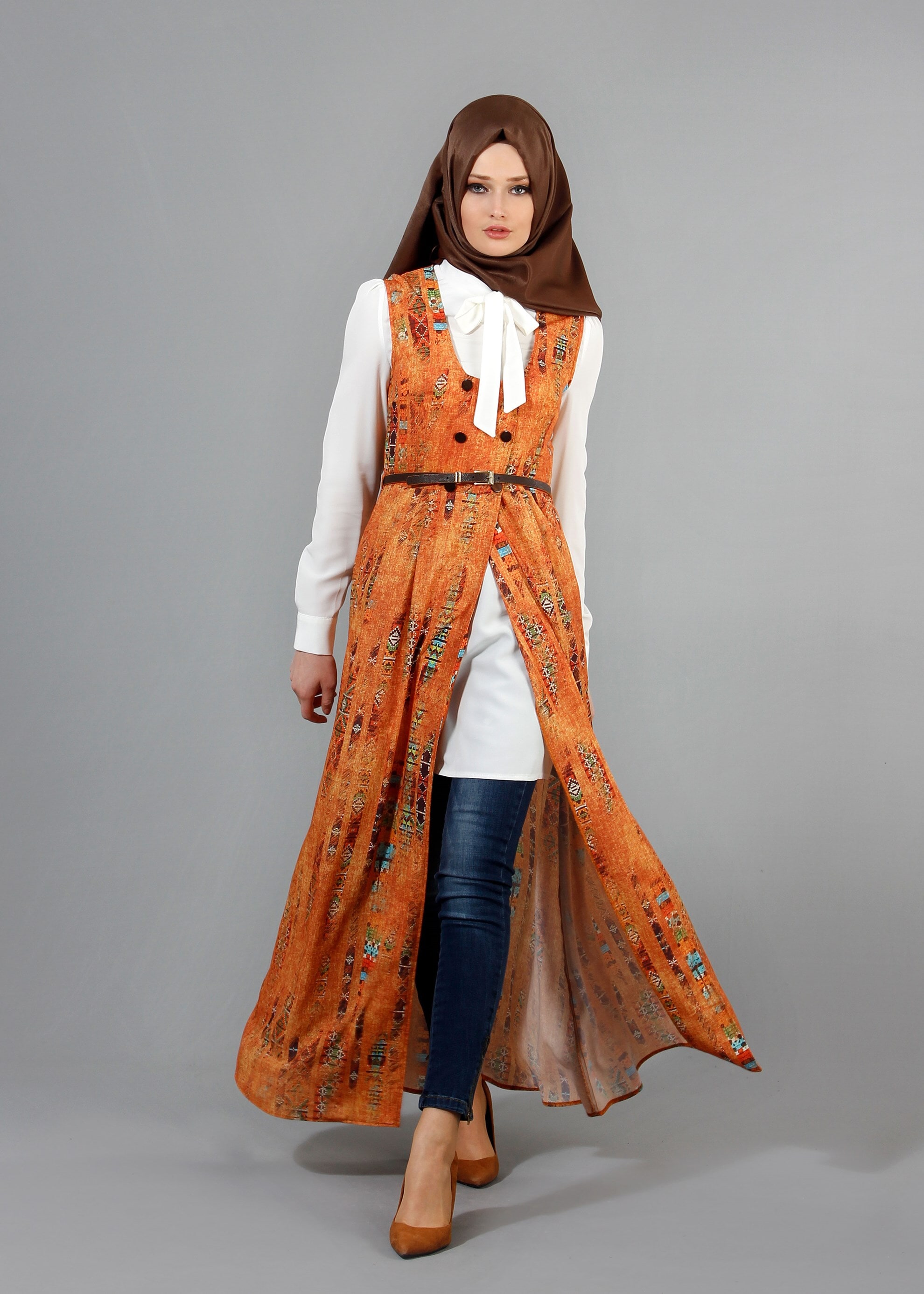 Tesettür giyim TURUNCU DESENLİ İKİLİ TUNİK 4331 