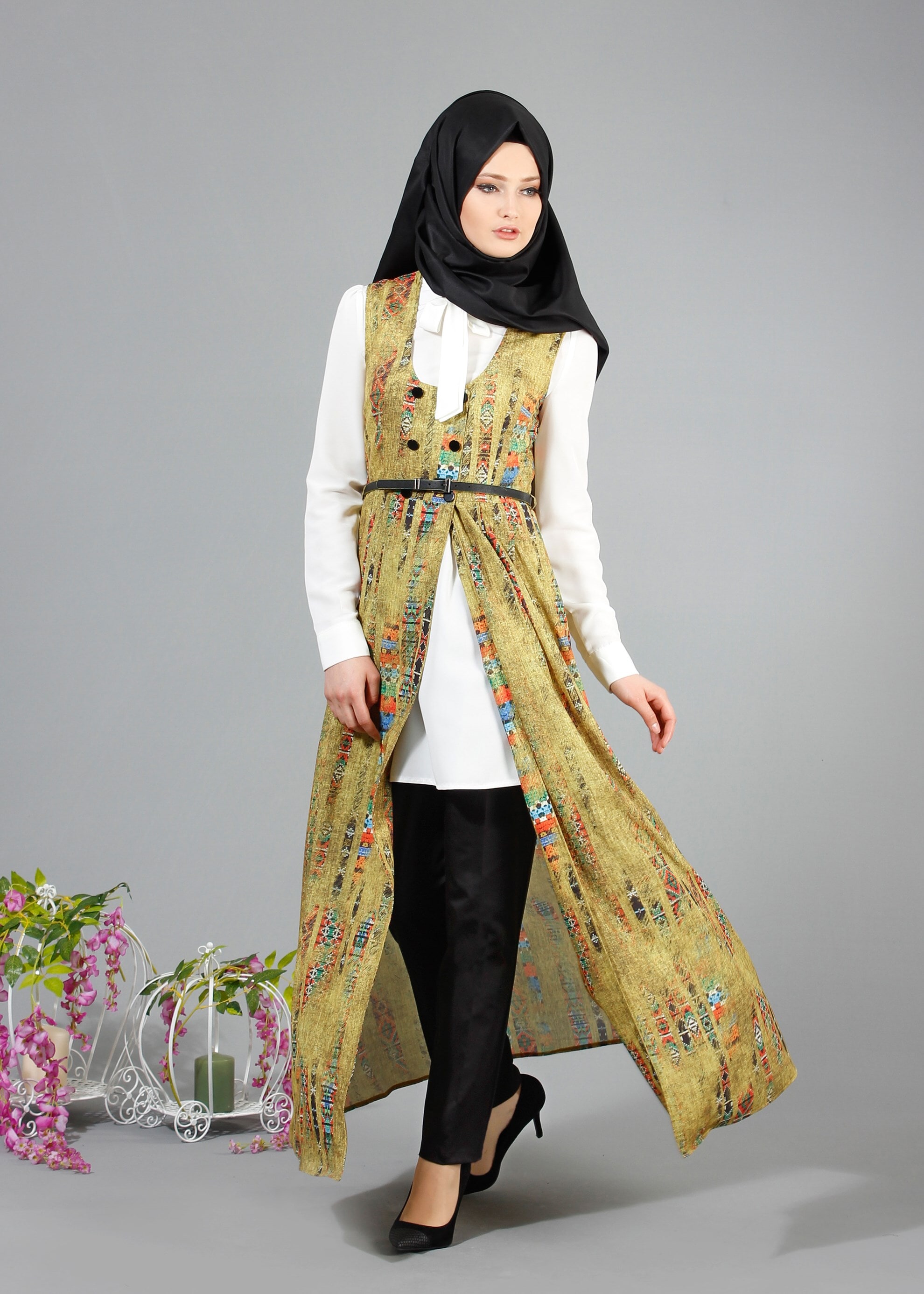Tesettür giyim YEŞİL DESENLİ İKİLİ TUNİK 4331 