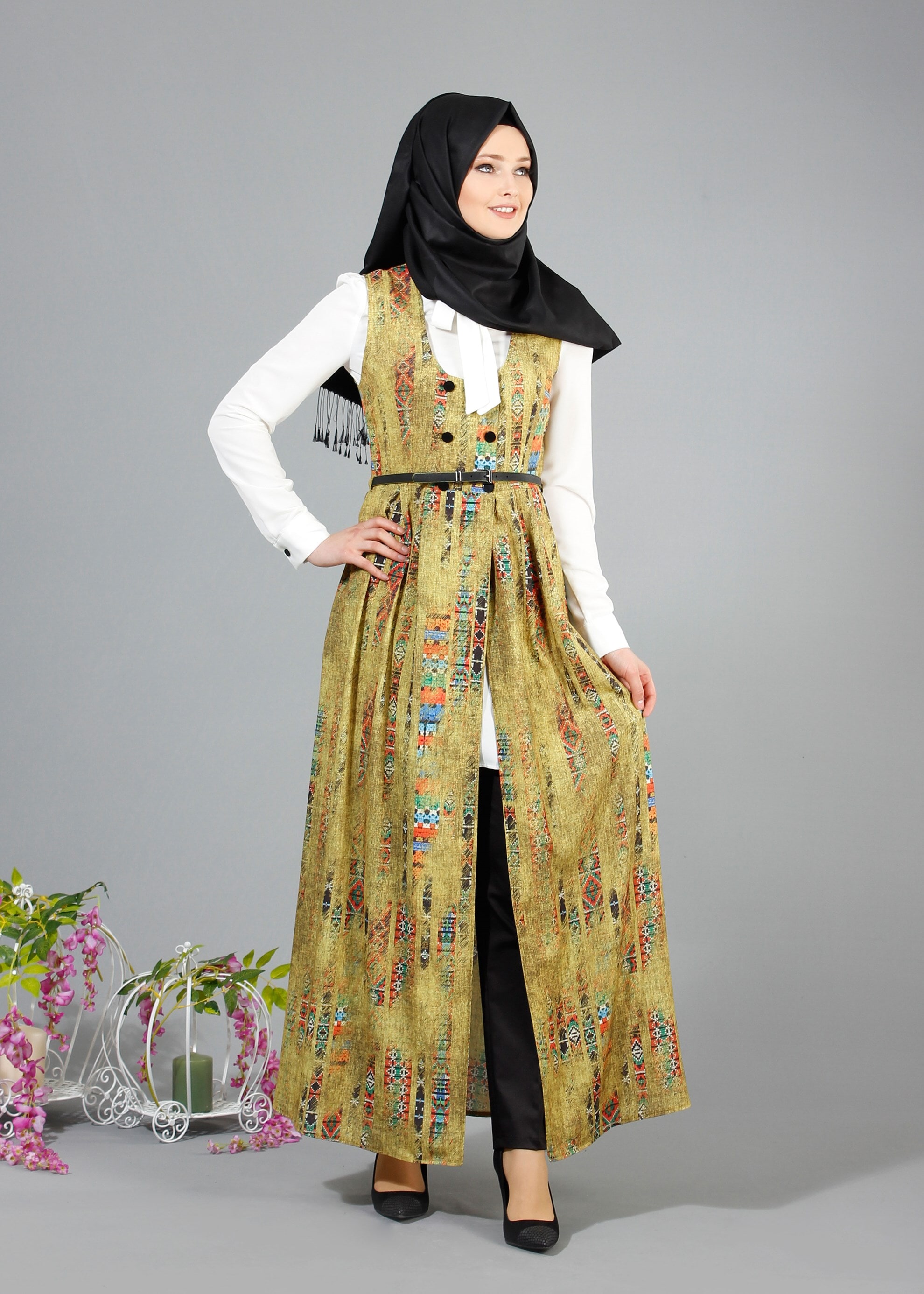 Tesettür giyim YEŞİL DESENLİ İKİLİ TUNİK 4331 
