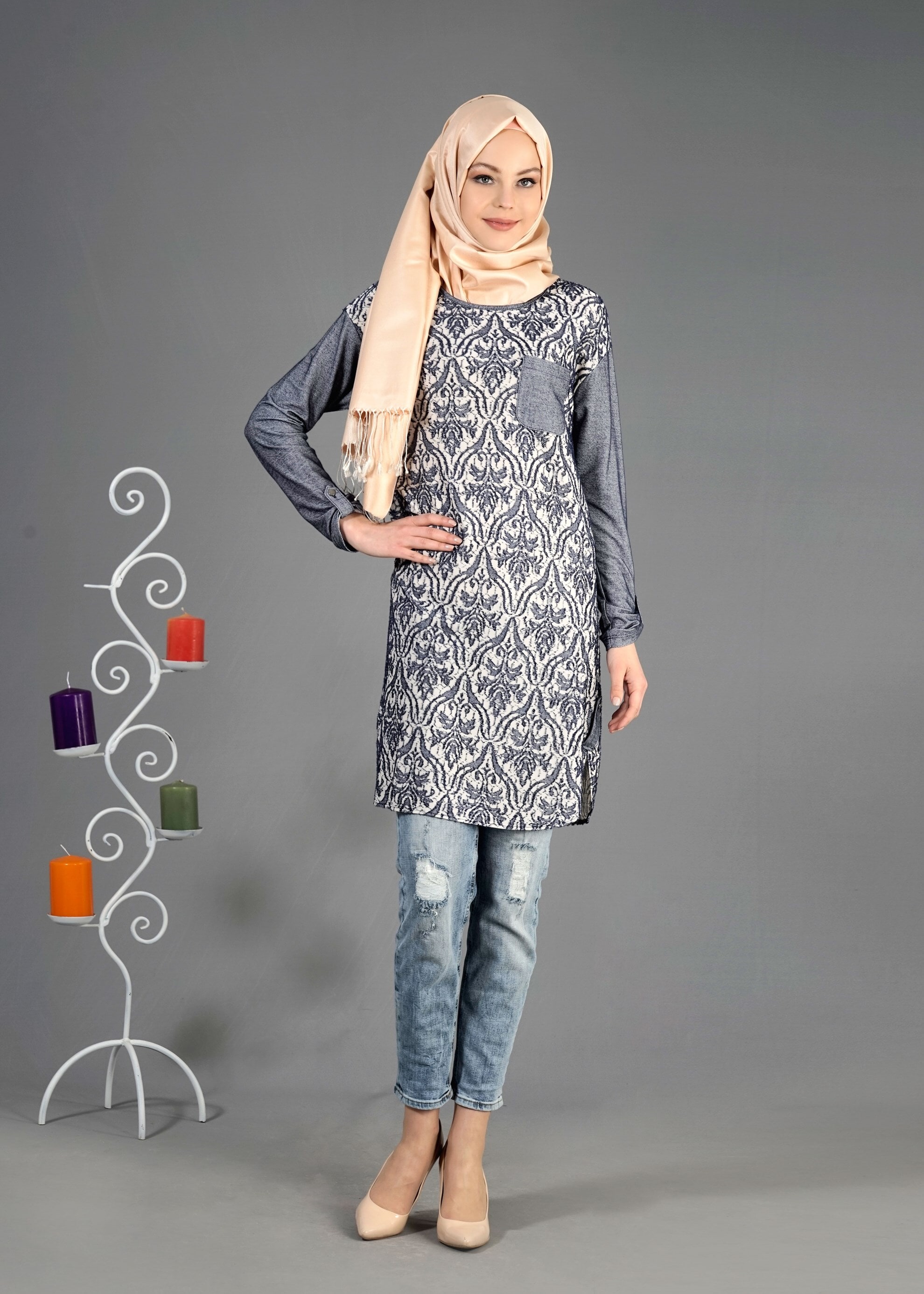 Tesettür giyim LACİVERT 4343 Devore D.8 Tesettür Tunik 36/44(38-40)