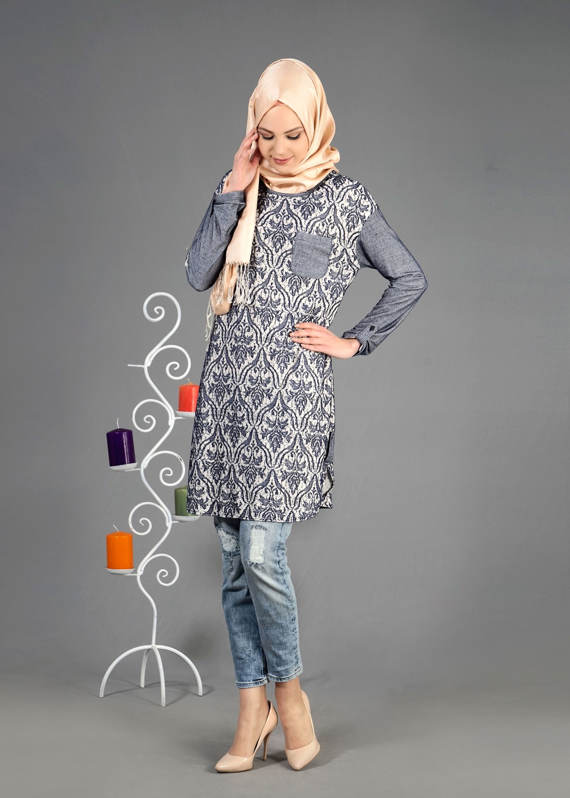 Tesettür giyim LACİVERT 4343 Devore D.8 Tesettür Tunik 36/44(38-40)