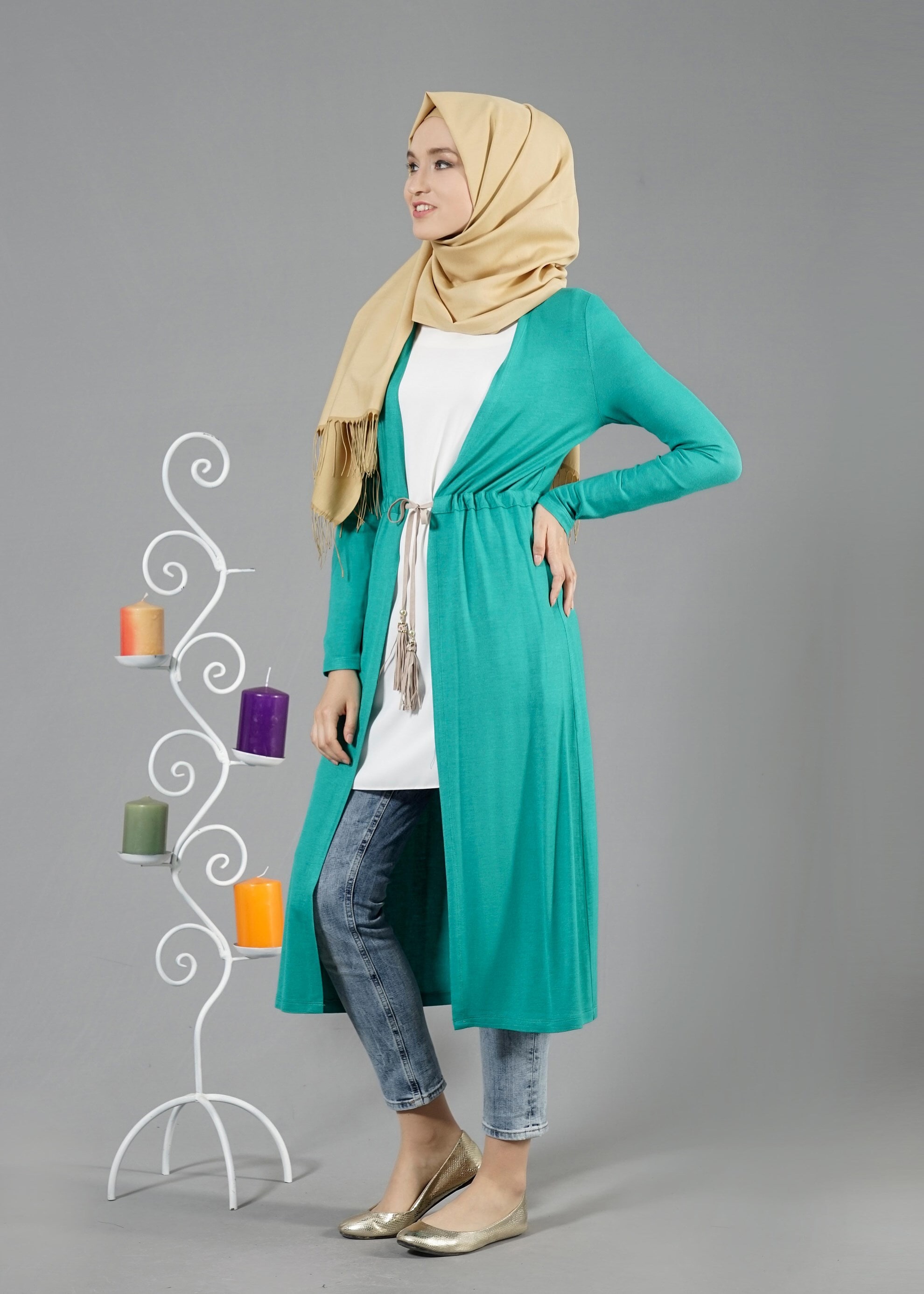 Tesettür giyim MAVİ BELİ BÜZGÜLÜ TUNİK 4366 