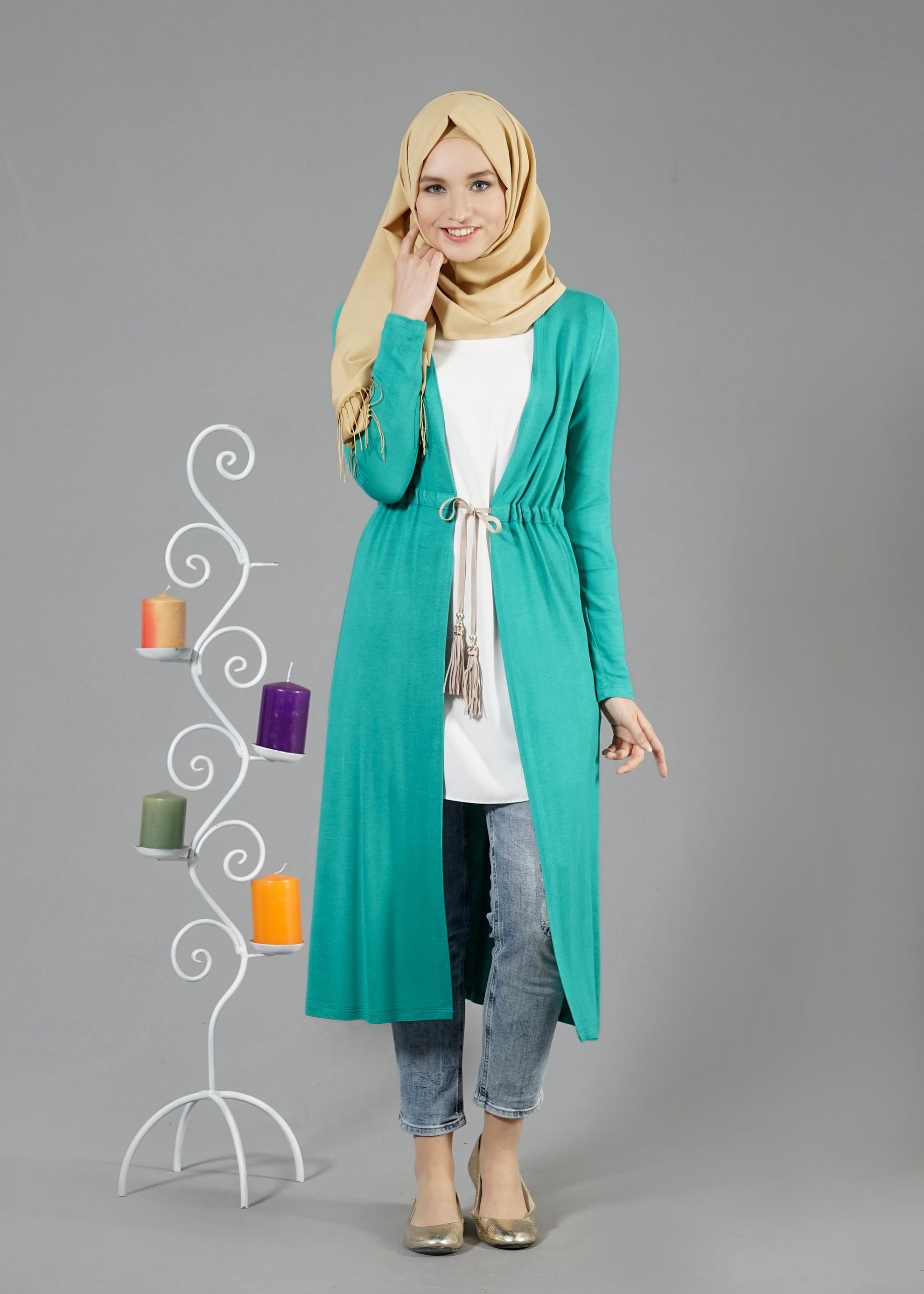 Tesettür giyim MAVİ BELİ BÜZGÜLÜ TUNİK 4366 