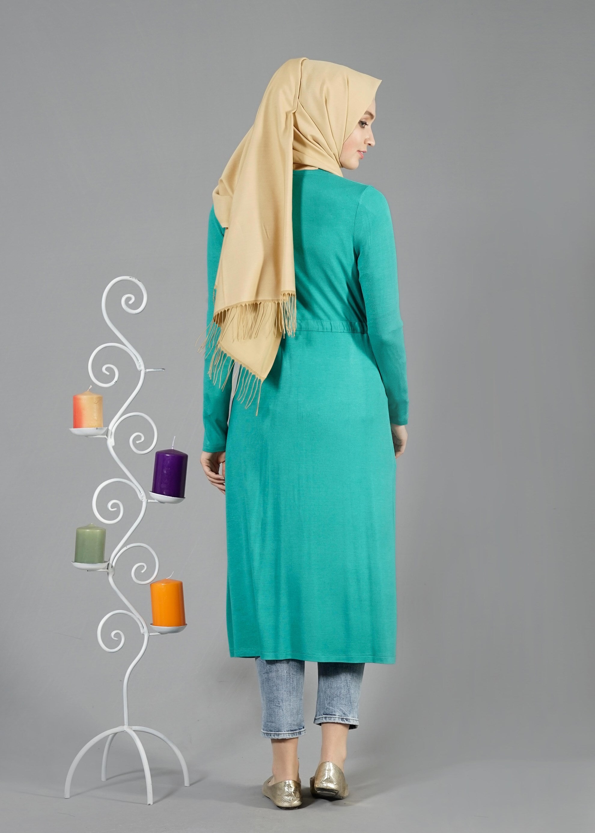 Tesettür giyim MAVİ BELİ BÜZGÜLÜ TUNİK 4366 