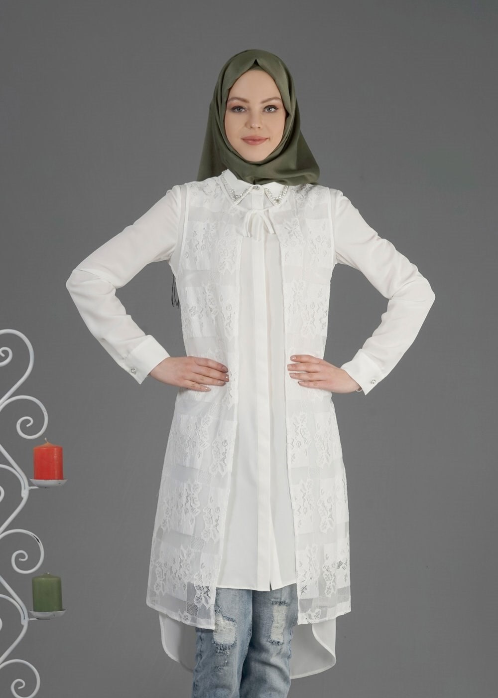 Tesettür giyim BEYAZ 4386 Jillian Tesettür 1806 2&prime;li Tunik 38/46