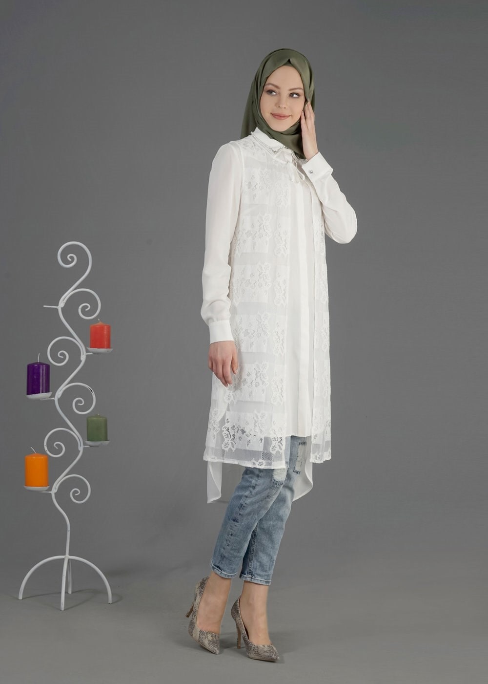 Tesettür giyim BEYAZ 4386 Jillian Tesettür 1806 2&prime;li Tunik 38/46