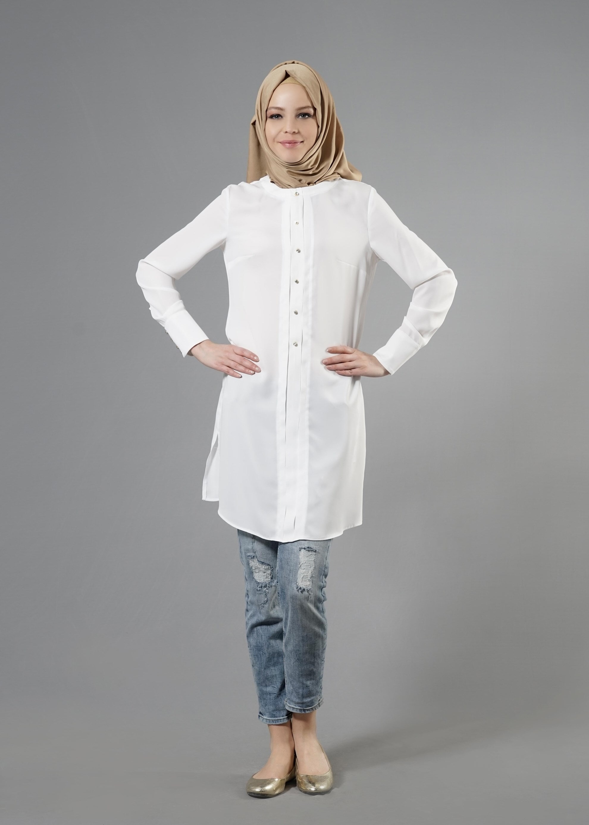 Tesettür giyim BEYAZ GÖMLEK YAKA TUNİK 4412