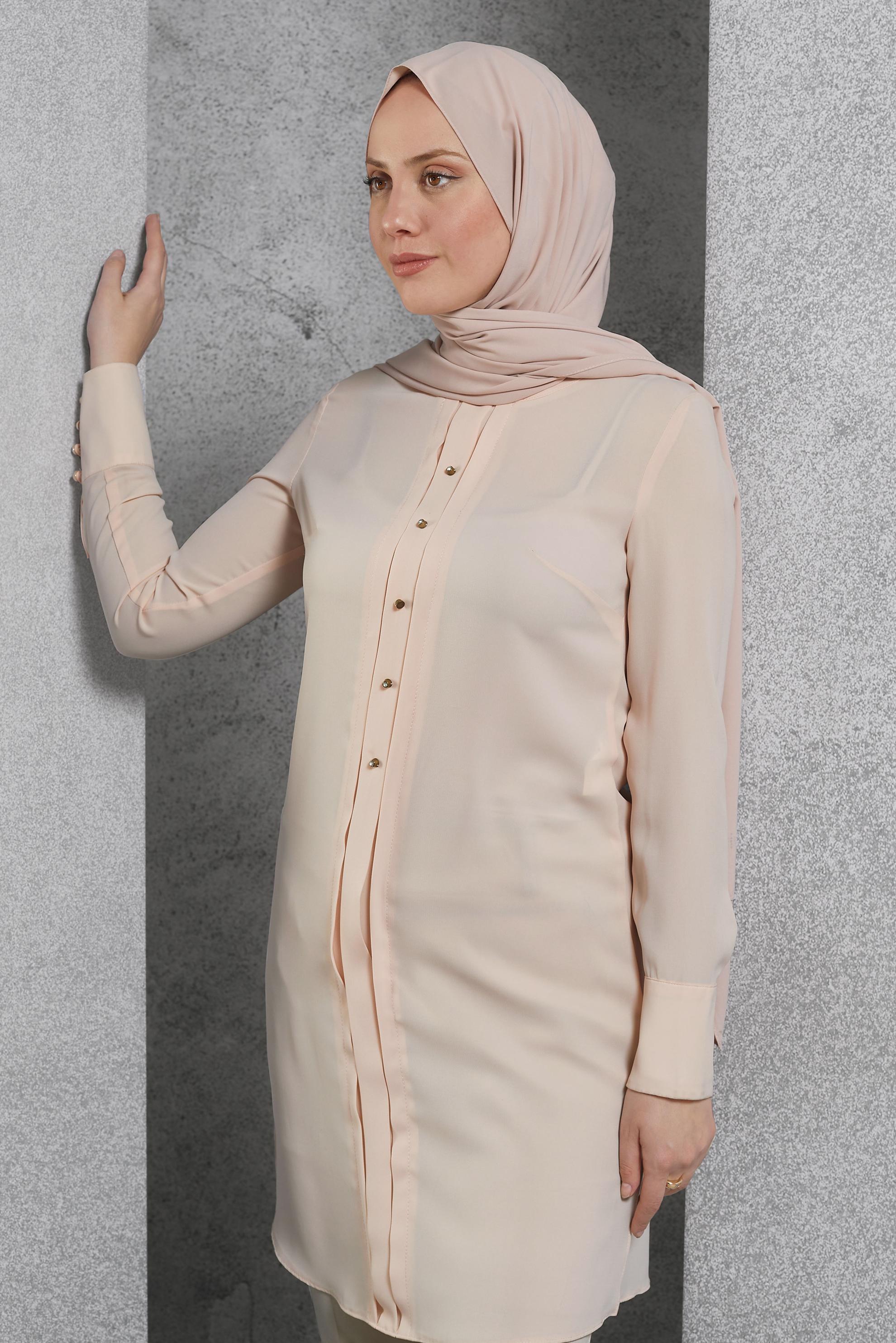 Tesettür giyim PUDRA GÖMLEK YAKA TUNİK 4412