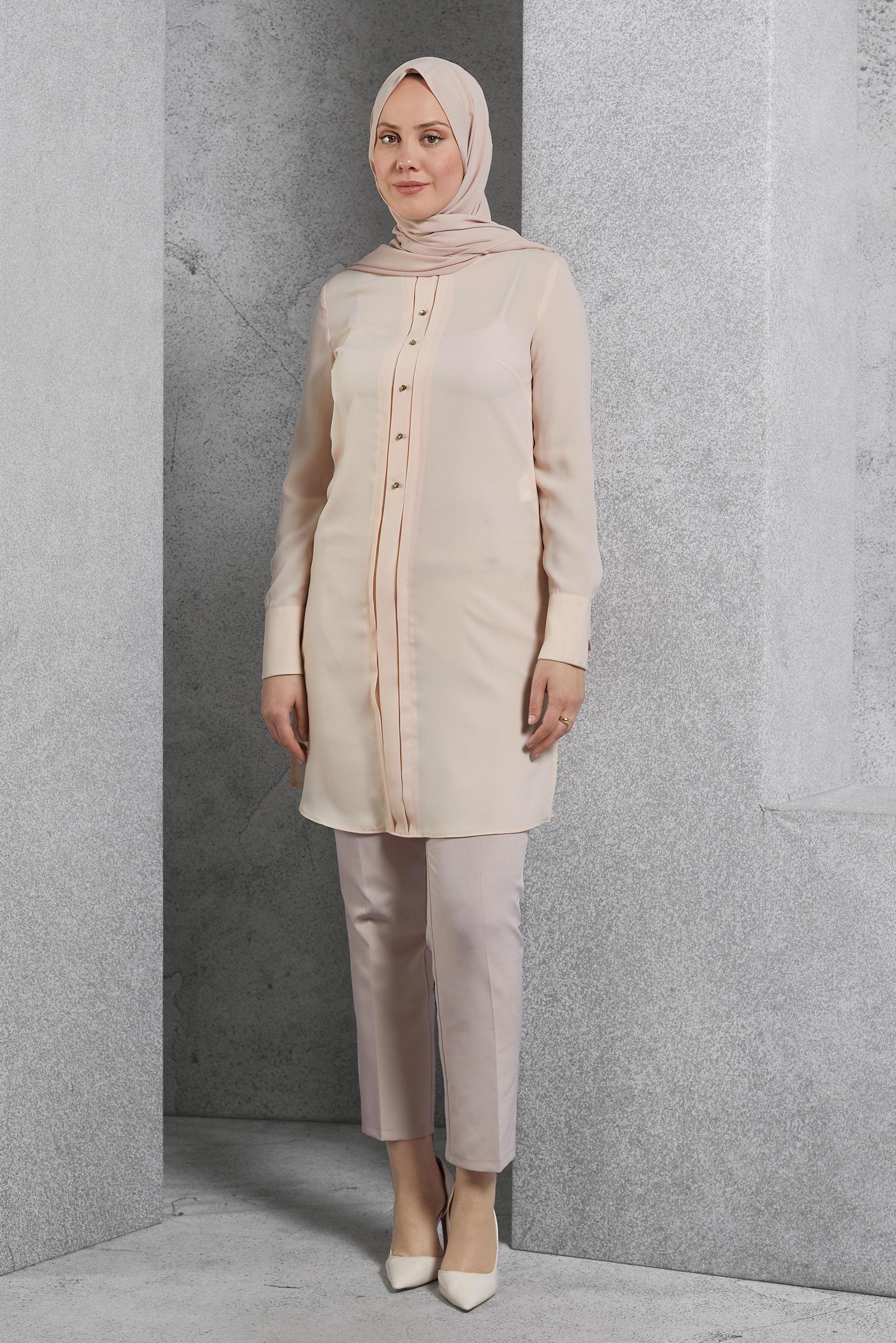Tesettür giyim PUDRA GÖMLEK YAKA TUNİK 4412