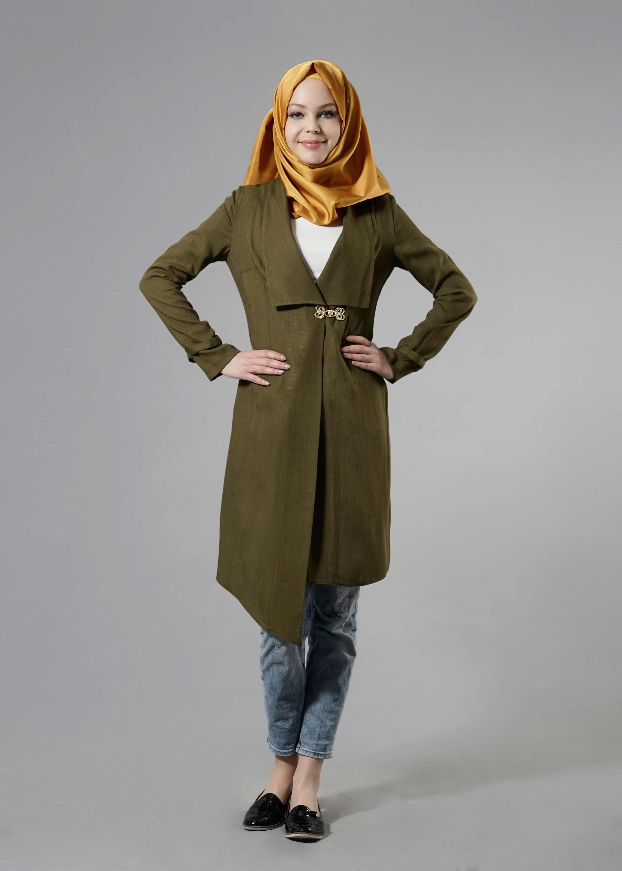 Tesettür giyim HAKİ ASİMETRİK KESİM TUNİK 4446