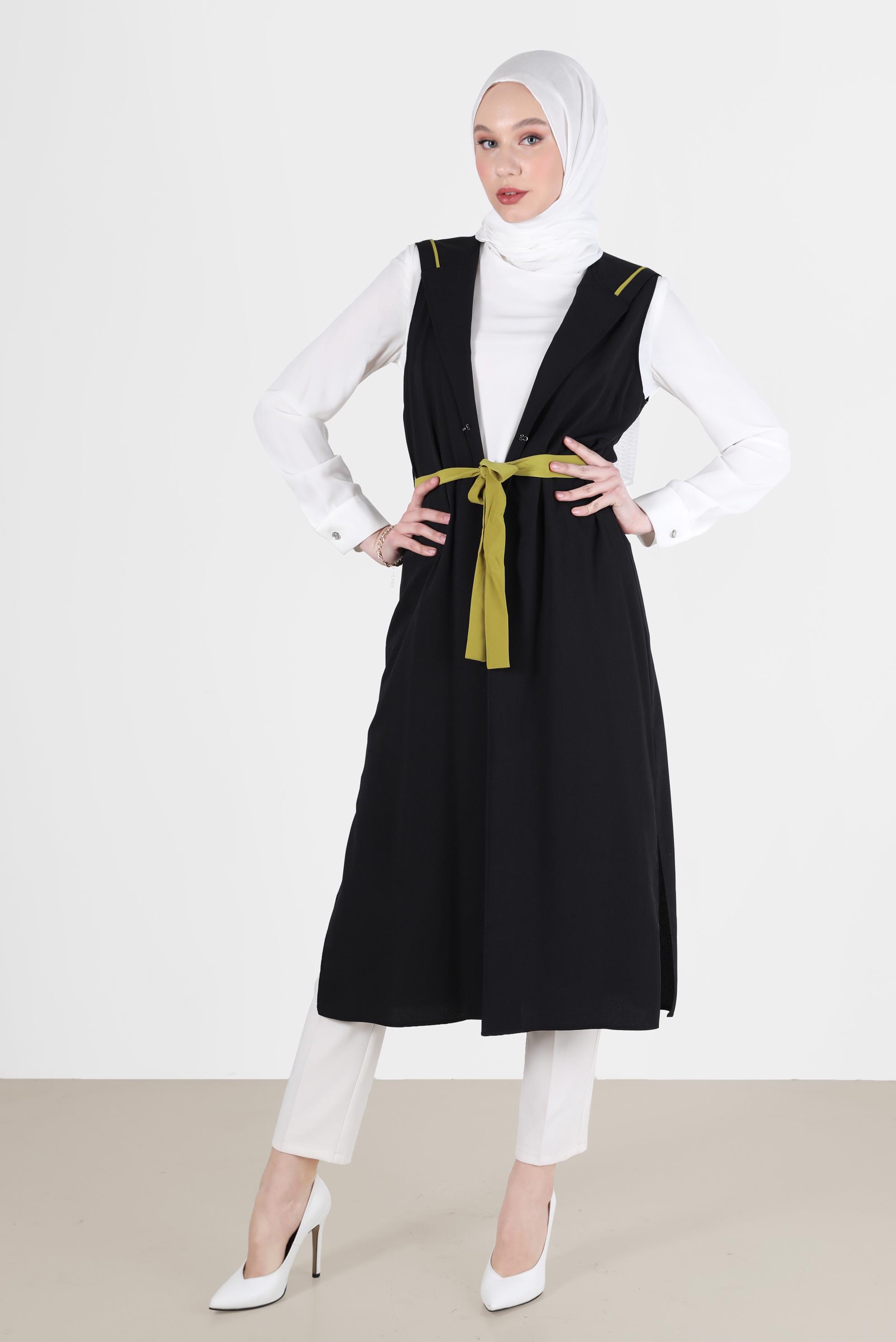 Tesettür giyim SİYAH BELİ KUŞAKLI KAPÜŞONLU 2&prime;Lİ TUNİK 4450 