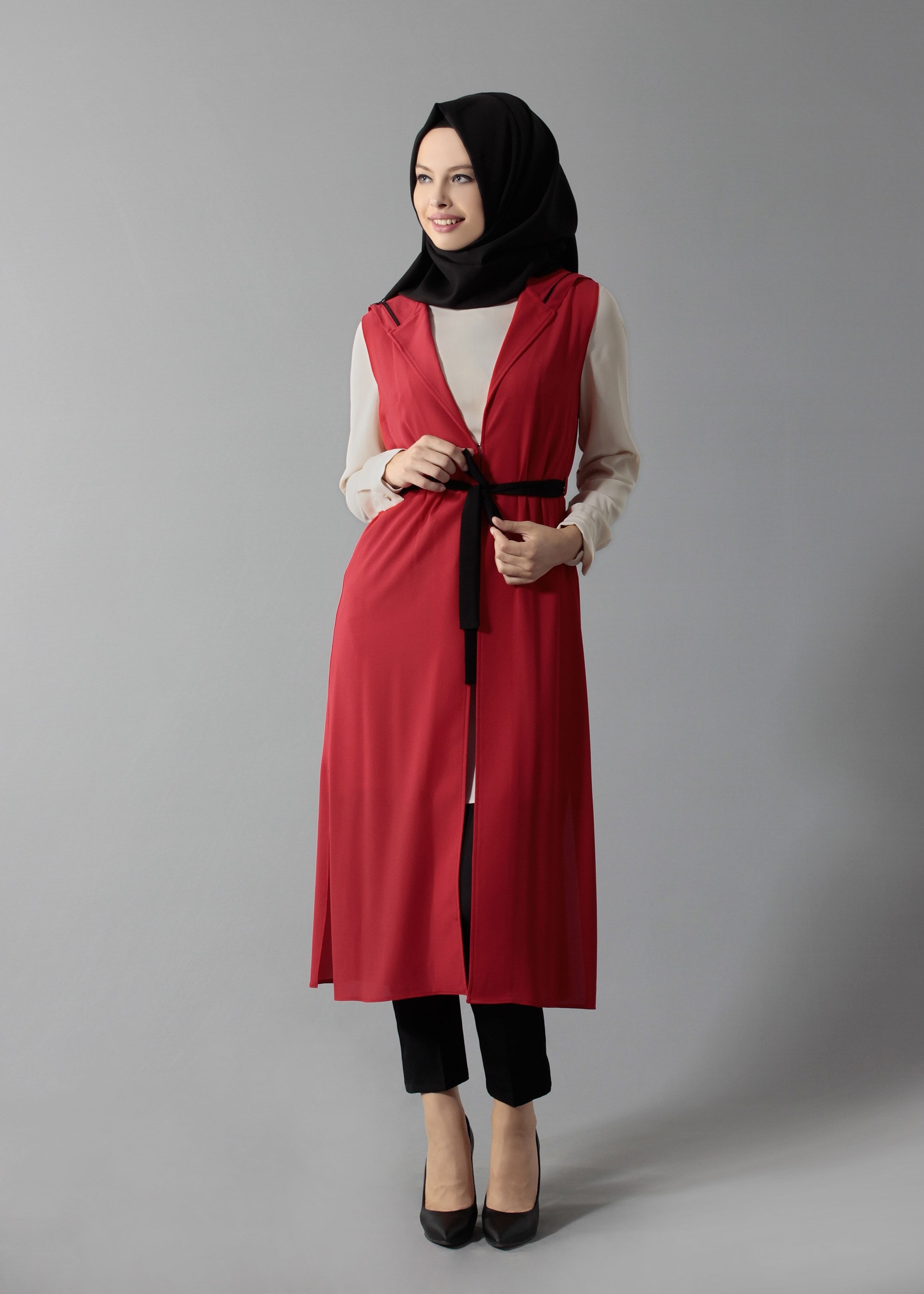 Tesettür giyim BORDO BELİ KUŞAKLI KAPÜŞONLU 2&prime;Lİ TUNİK 4450 