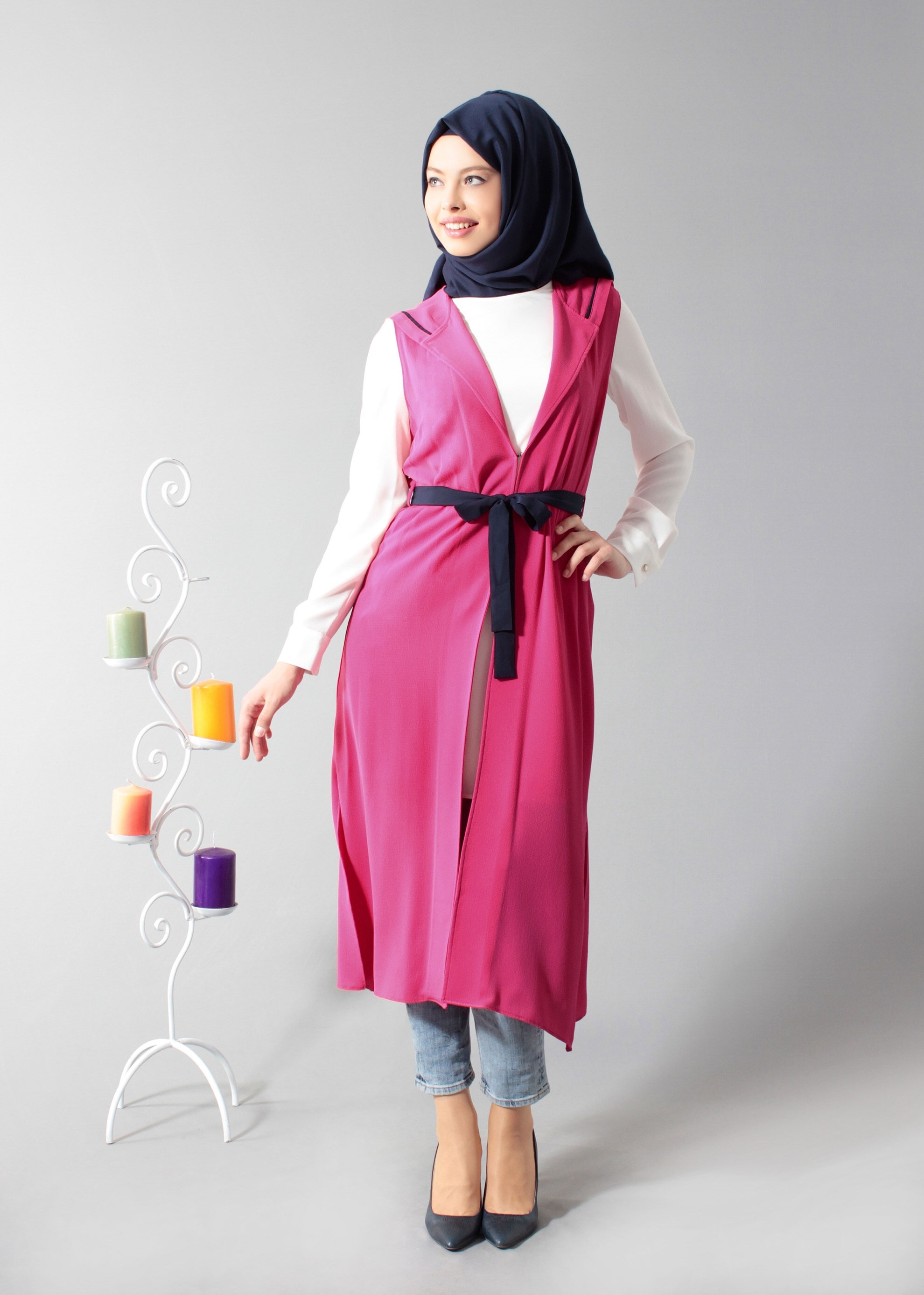 Tesettür giyim FUŞYA BELİ KUŞAKLI KAPÜŞONLU 2&prime;Lİ TUNİK 4450 
