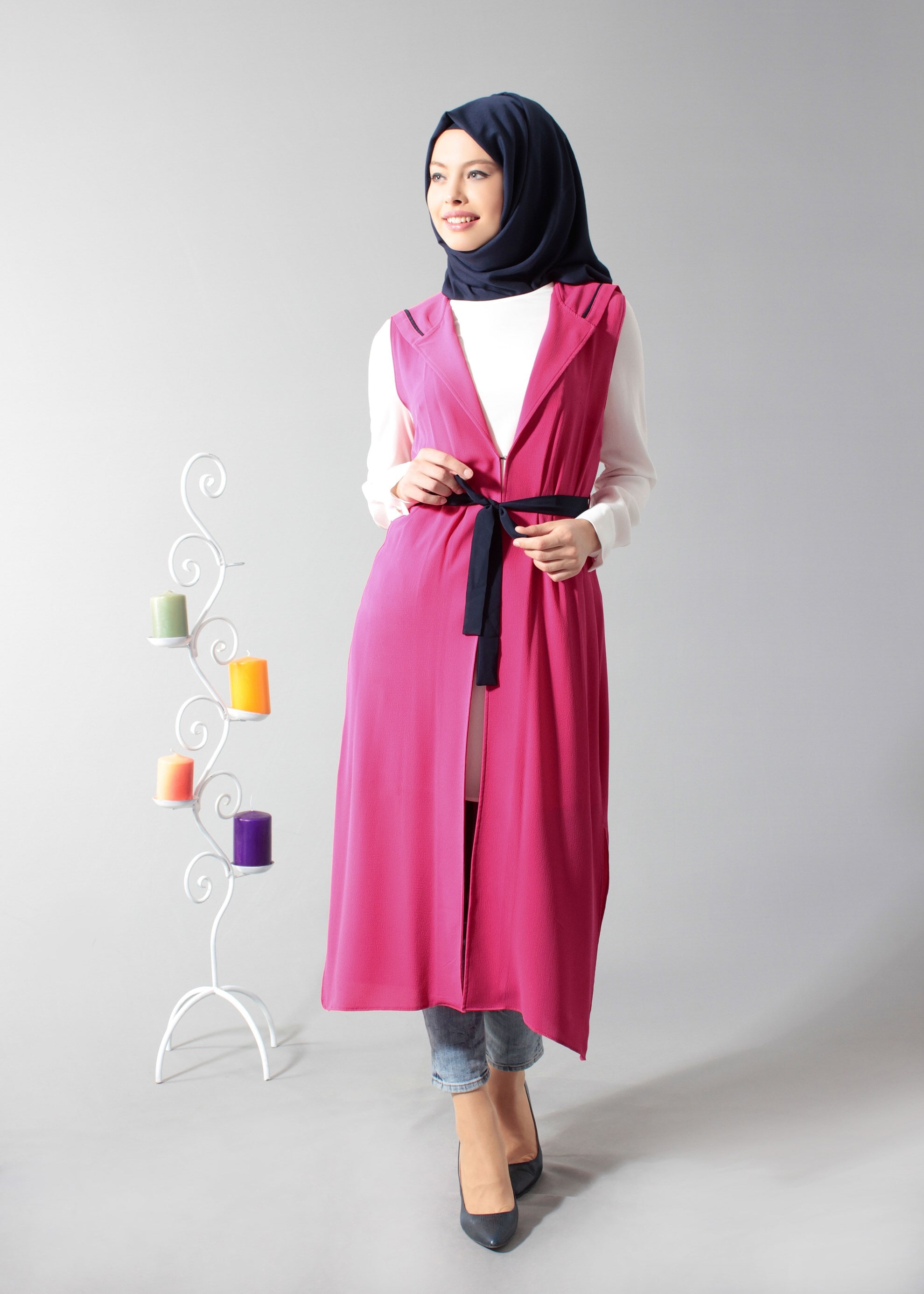 Tesettür giyim FUŞYA BELİ KUŞAKLI KAPÜŞONLU 2&prime;Lİ TUNİK 4450 