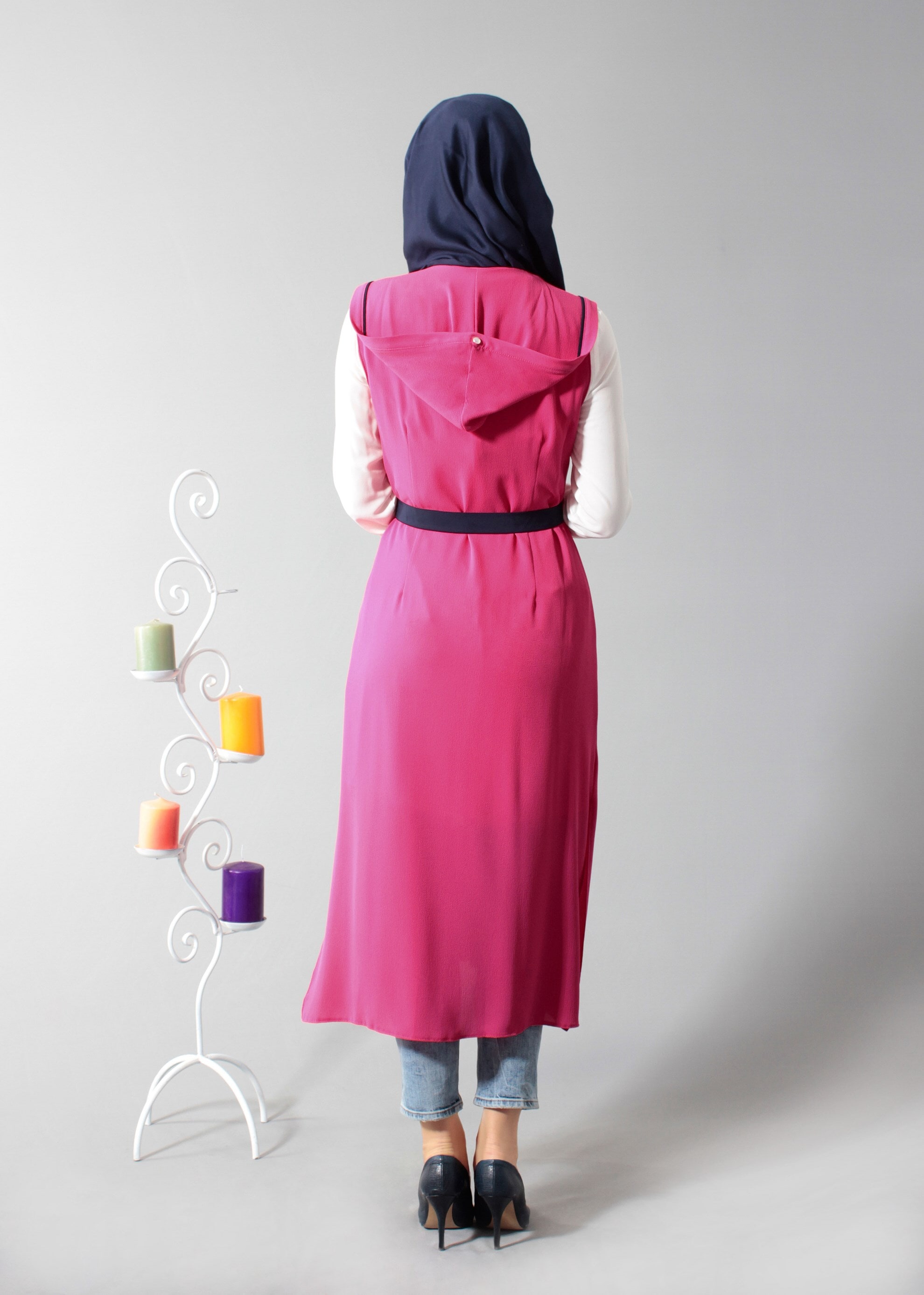 Tesettür giyim FUŞYA BELİ KUŞAKLI KAPÜŞONLU 2&prime;Lİ TUNİK 4450 