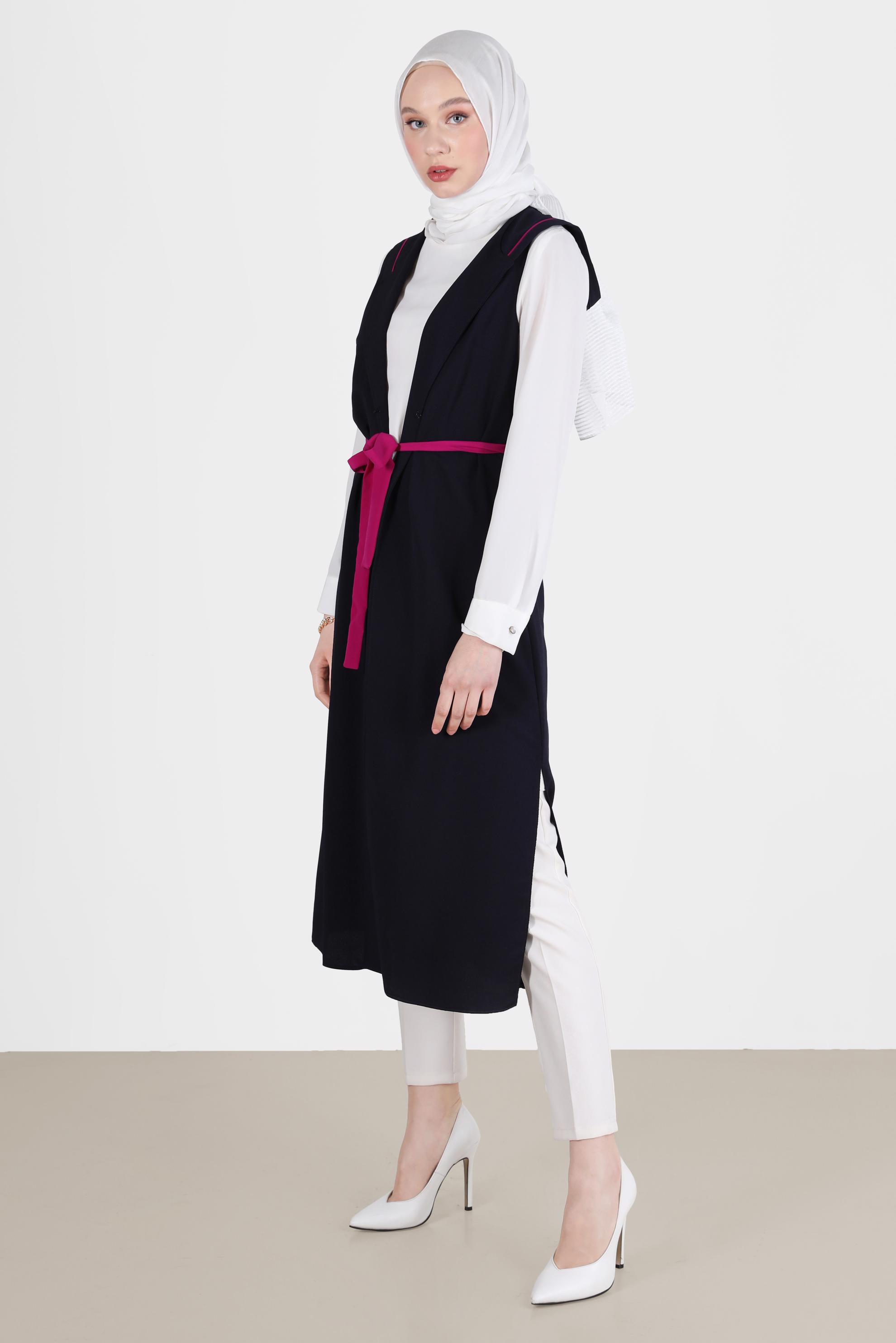 Tesettür giyim LACİVERT BELİ KUŞAKLI KAPÜŞONLU 2&prime;Lİ TUNİK 4450 