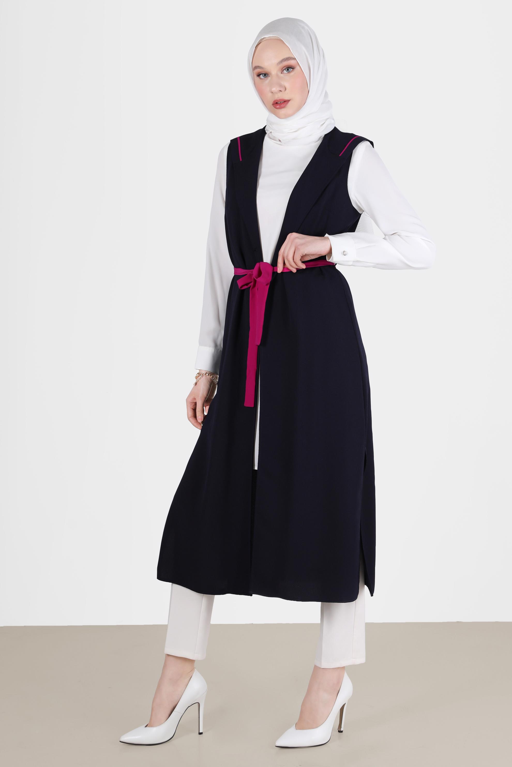 Tesettür giyim LACİVERT BELİ KUŞAKLI KAPÜŞONLU 2&prime;Lİ TUNİK 4450 