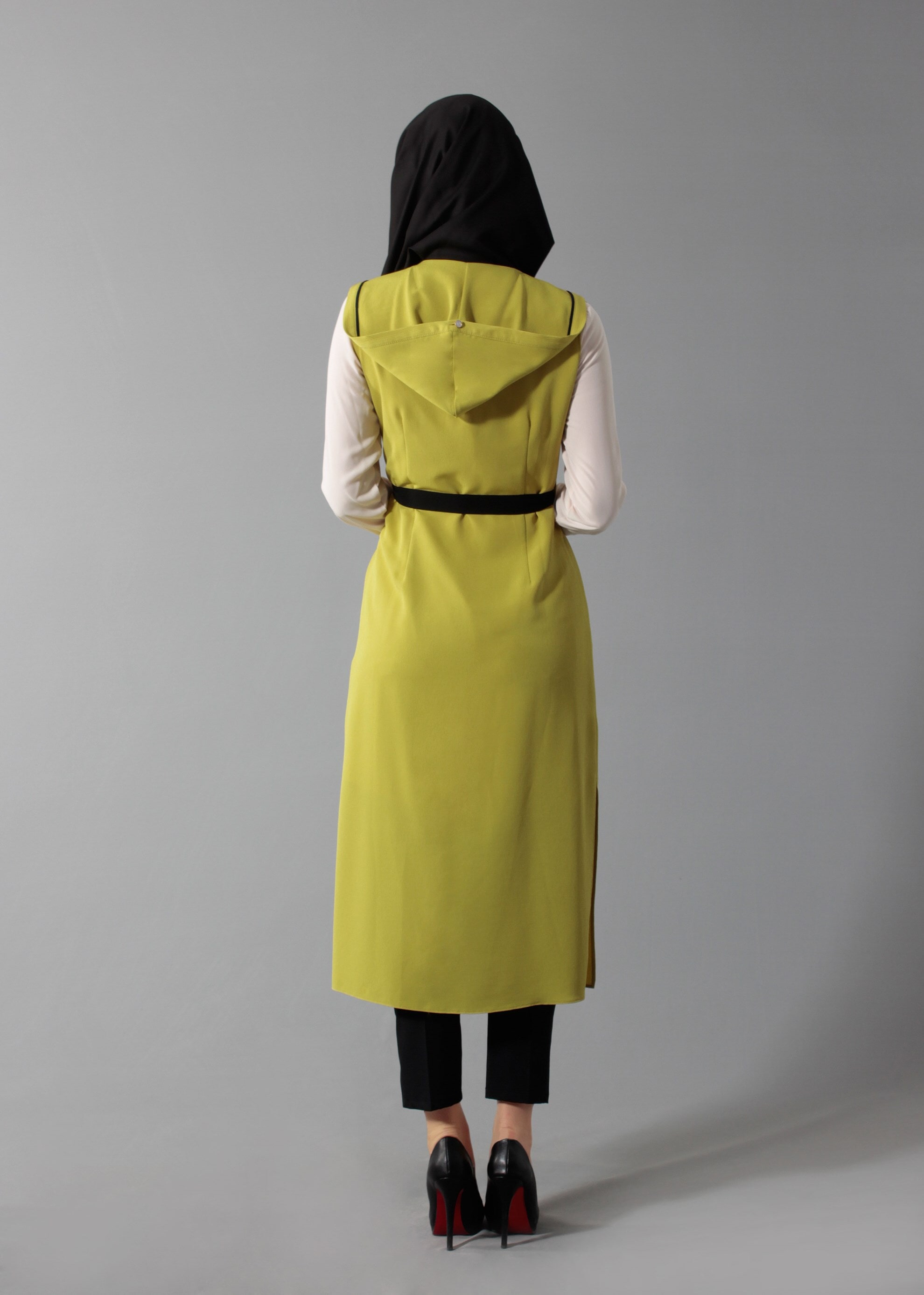 Tesettür giyim YEŞİL BELİ KUŞAKLI KAPÜŞONLU 2&prime;Lİ TUNİK 4450 