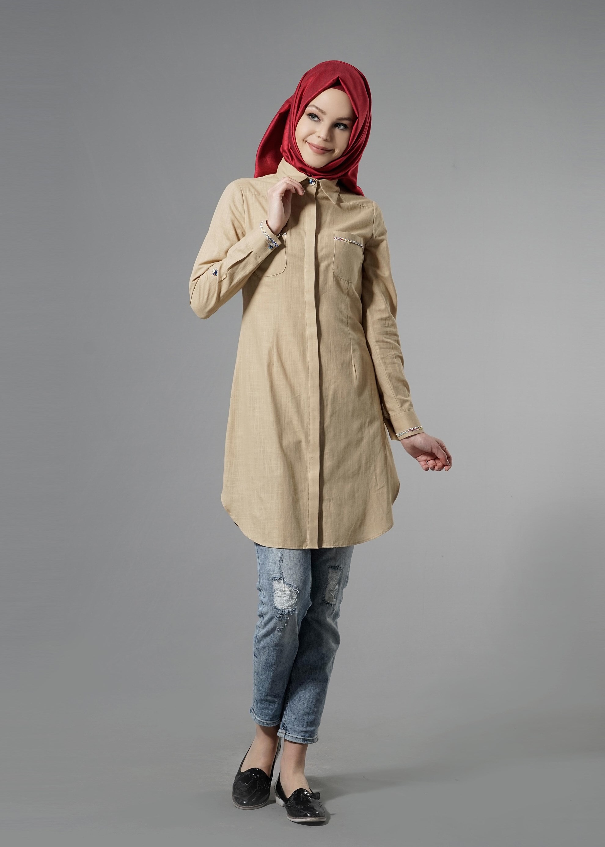 Tesettür giyim KAHVE 4452 Wia Tesettür Keten Tunik 38/46 TEK40