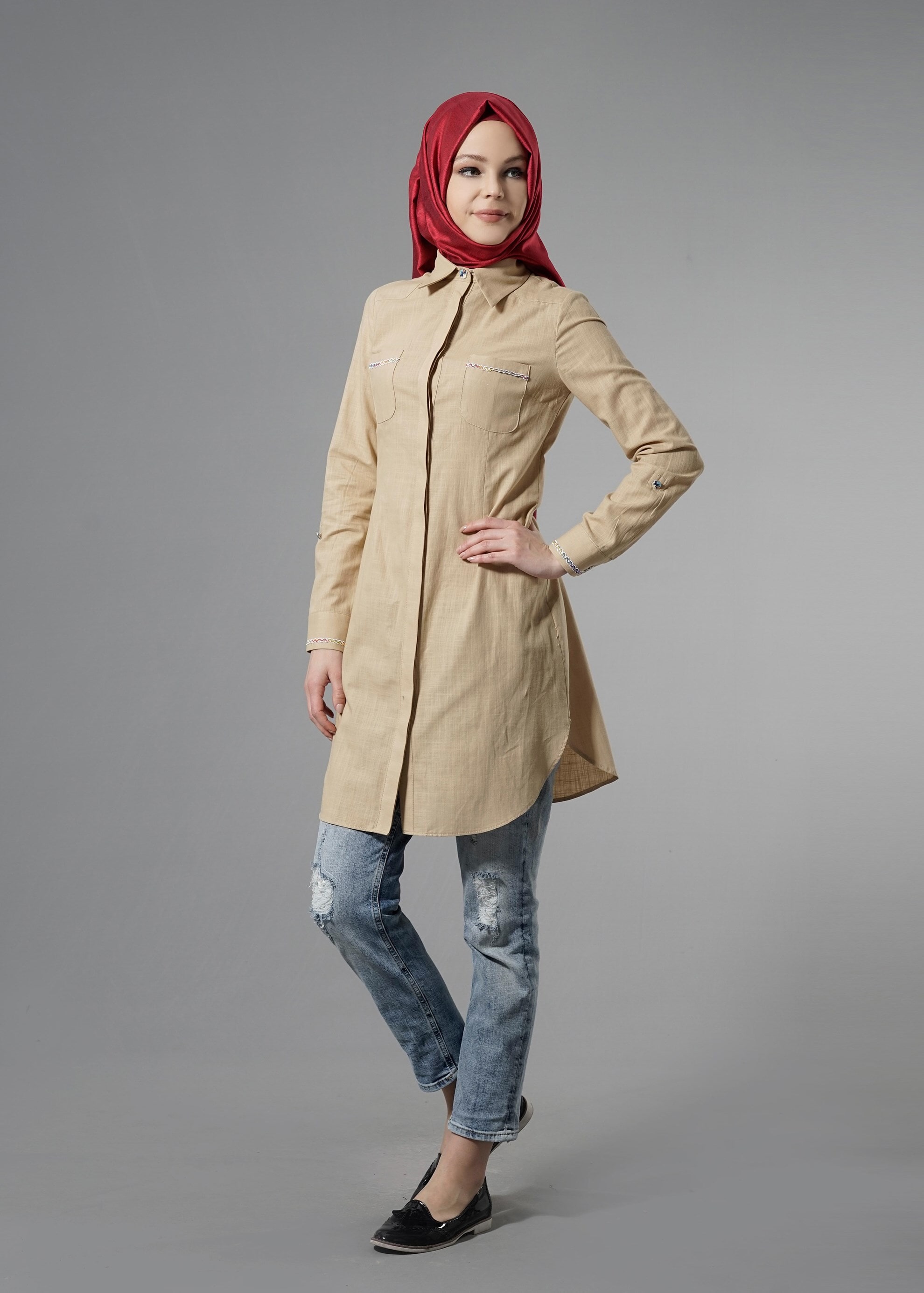 Tesettür giyim KAHVE 4452 Wia Tesettür Keten Tunik 38/46 TEK40