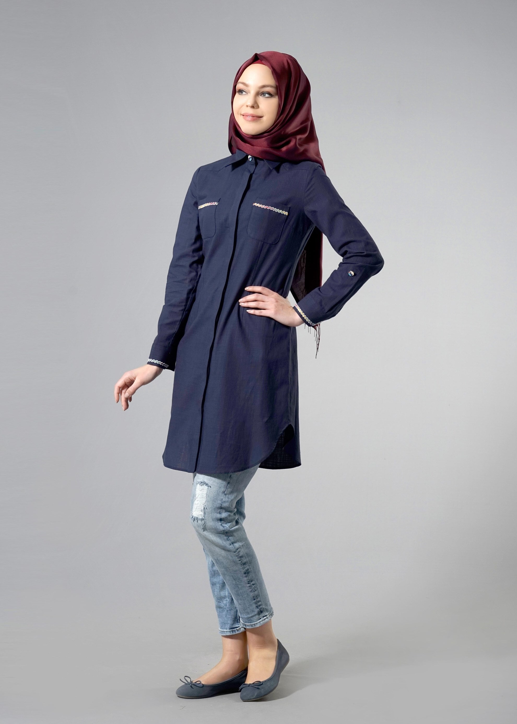 Tesettür giyim LACİVERT 4452 Wia Tesettür Keten Tunik 38/46 TEK40