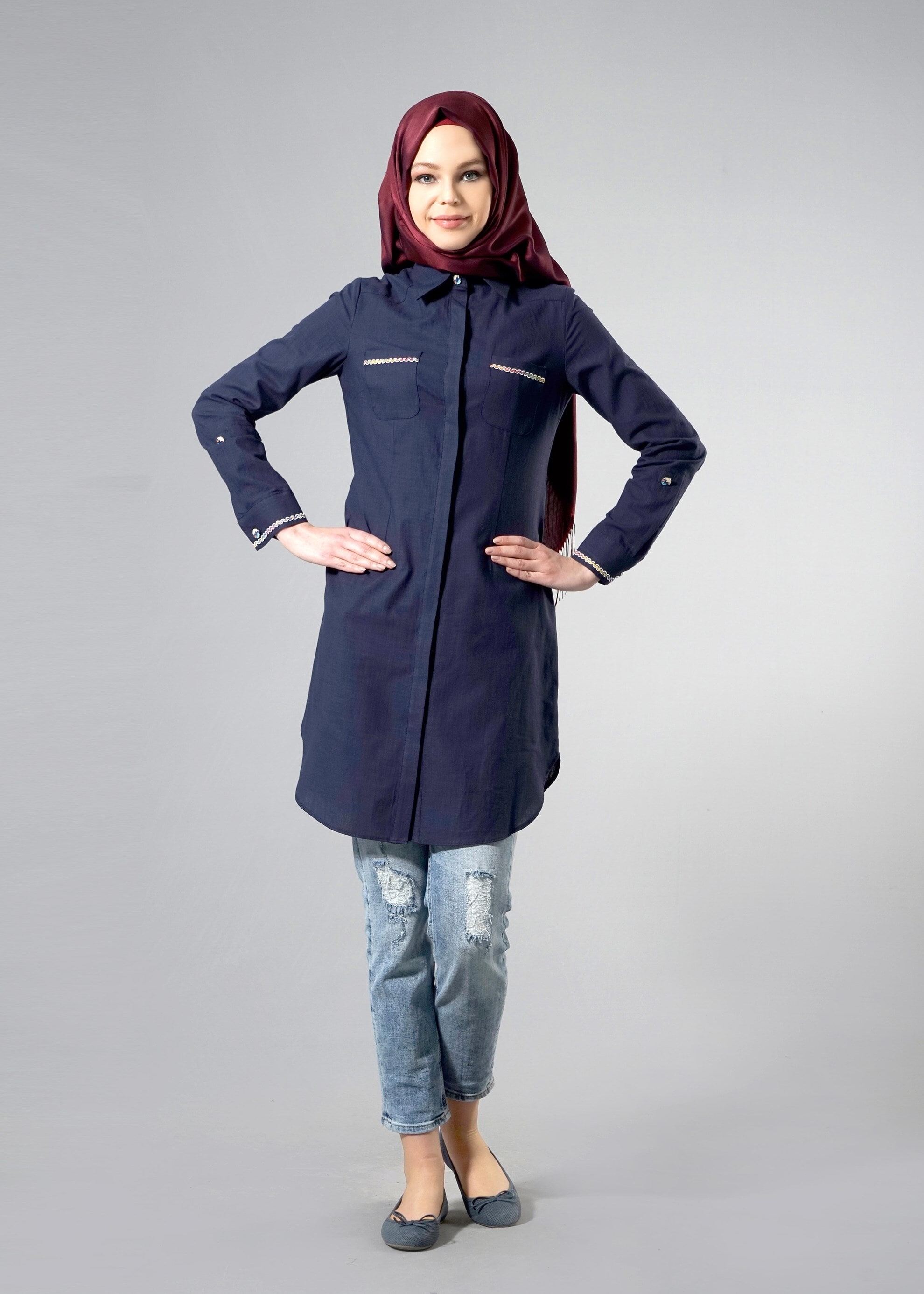 Tesettür giyim LACİVERT 4452 Wia Tesettür Keten Tunik 38/46 TEK40