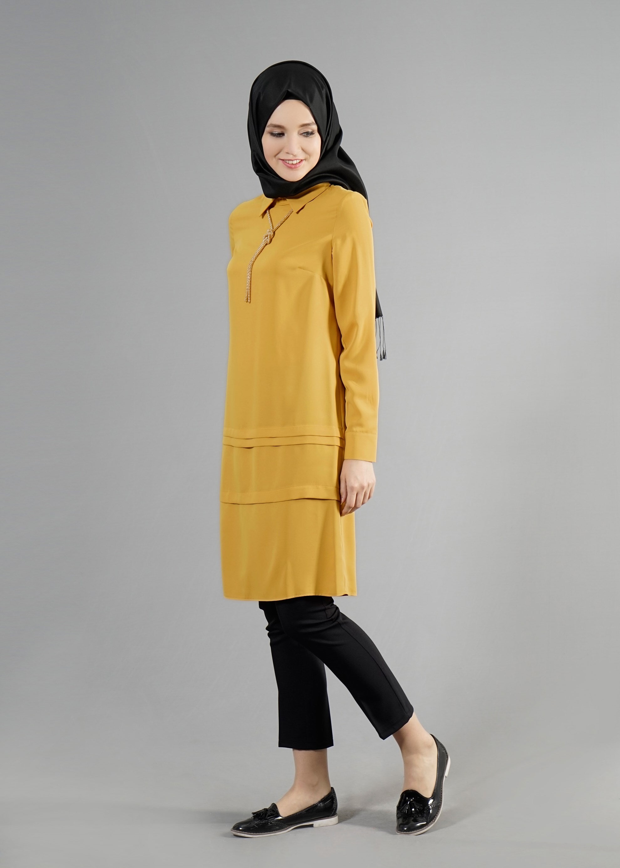 Tesettür giyim SARI ERKEK YAKA TUNİK 4463