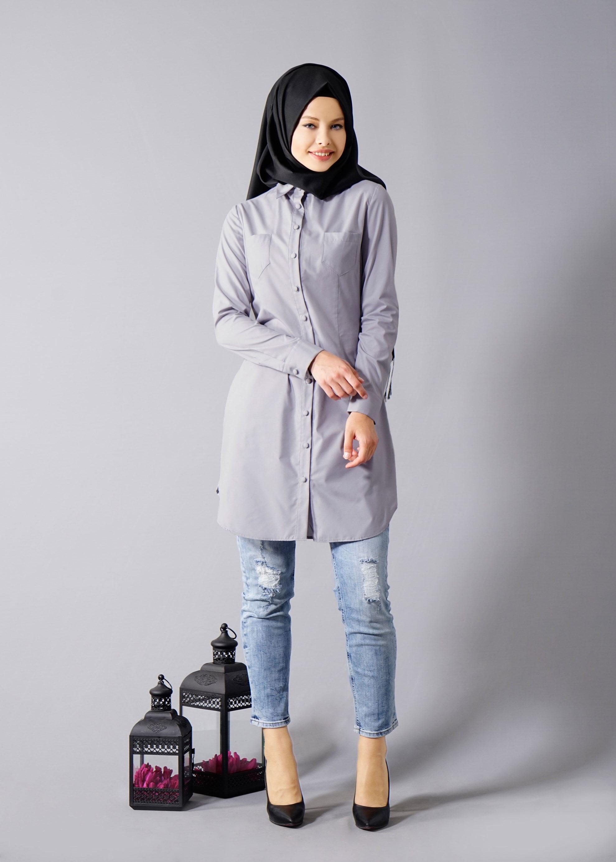 Tesettür giyim GRİ 4465 Valeri Tesettür Tunik 38/46 TEK40