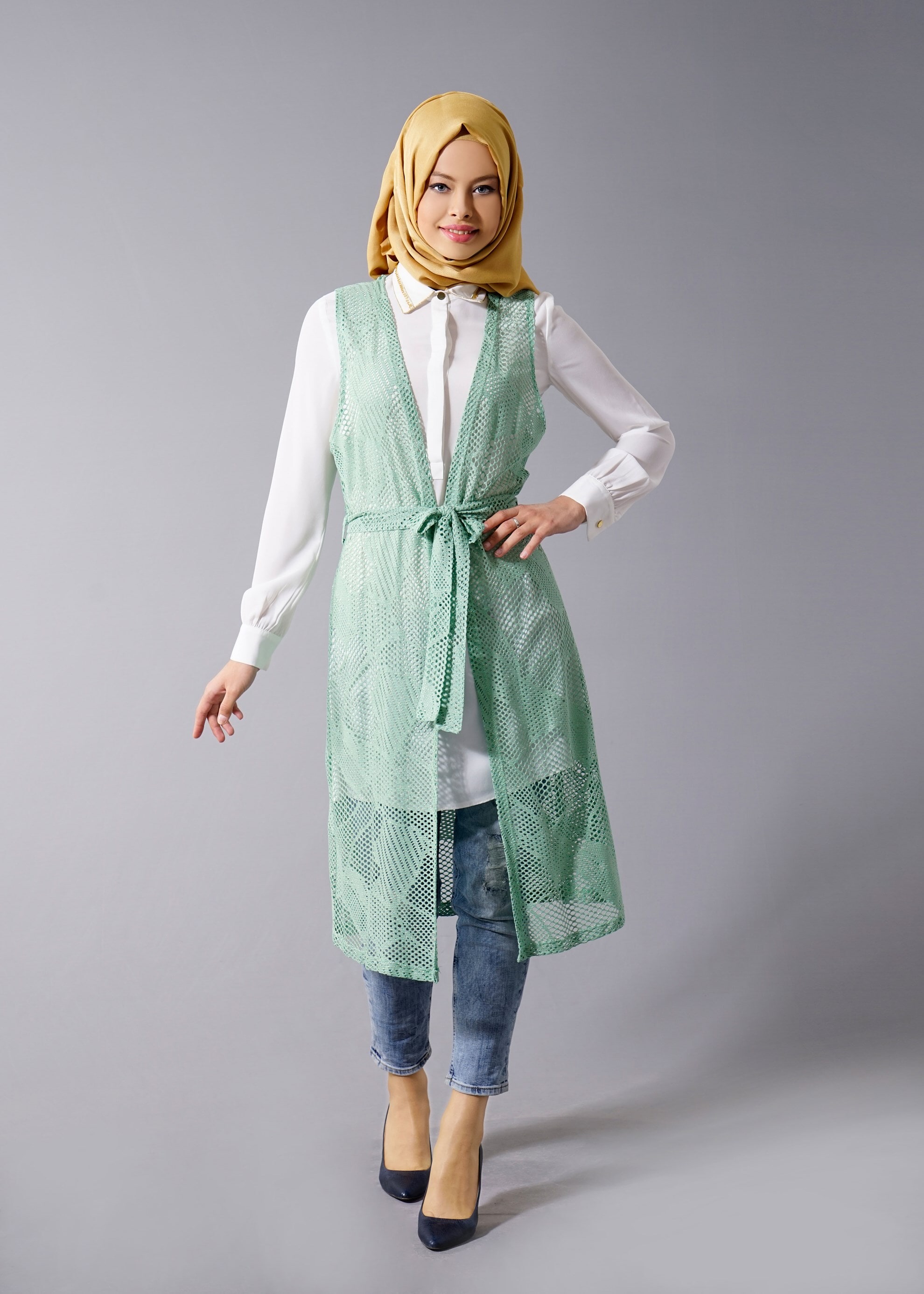 Tesettür giyim YEŞİL FİLE DETAYLI 2&prime;Lİ TUNİK 4533 